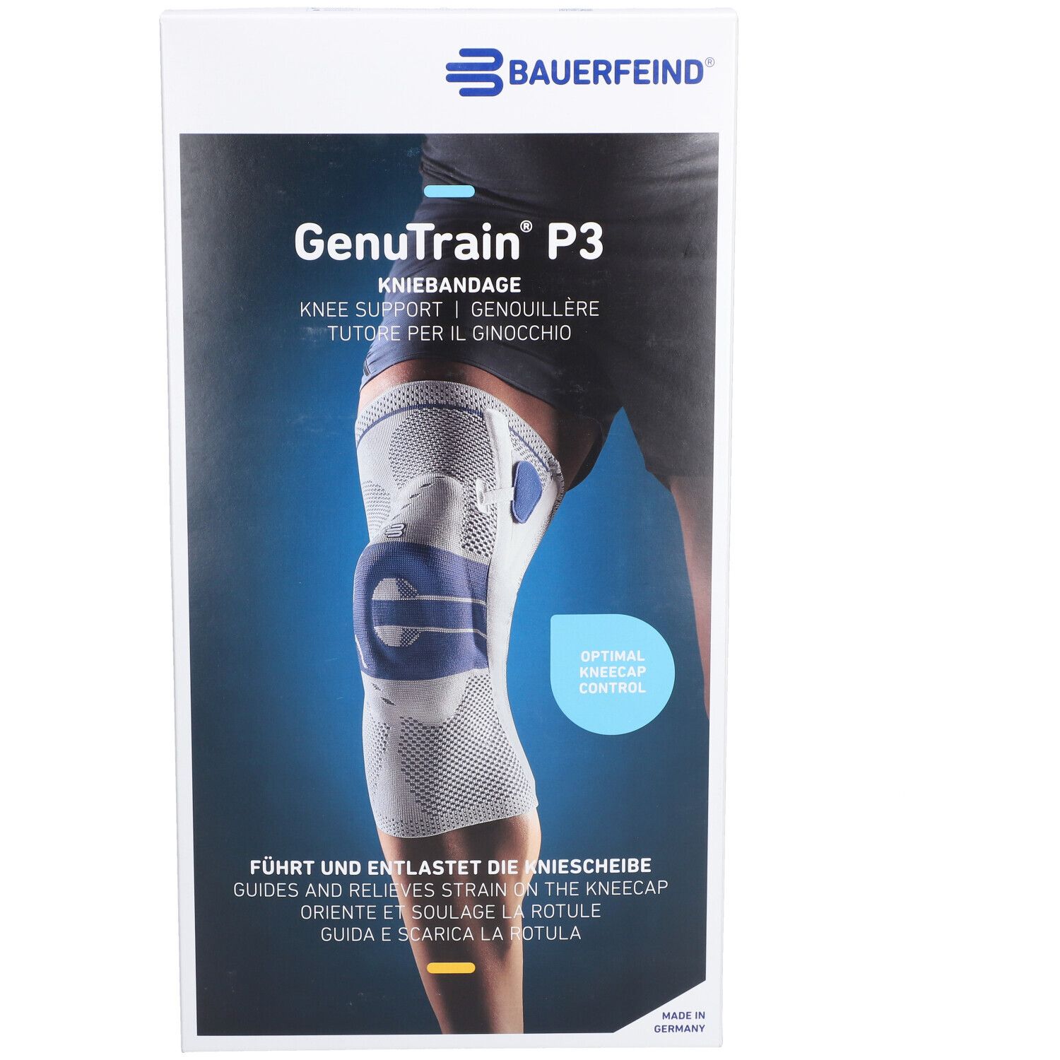 Genouillère en situation. Bauerfeind GenuTrain P3. Textes en allemand, anglais, français et italien. Genouillère sur une jambe.