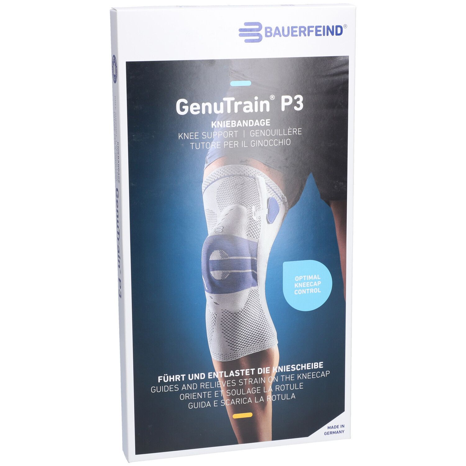 Genouillère en situation. Bauerfeind GenuTrain P3. Textes en allemand, anglais, français et italien. Genouillère sur une jambe.