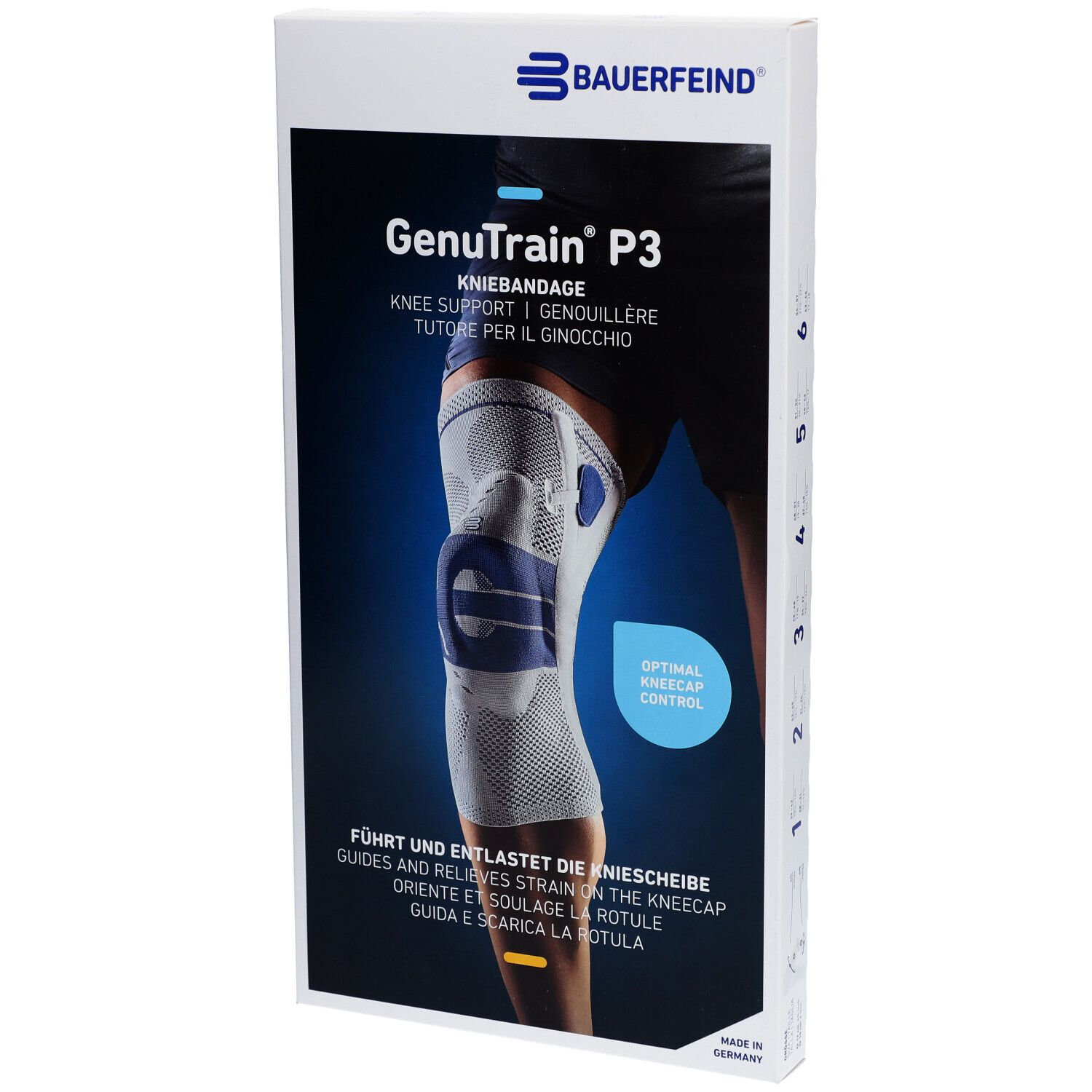 Verpackung der Kniebandage GenuTrain P3. Marke Bauerfeind. Produktabbildung zeigt Kniebandage am Bein. Text: Kniebandage, Knie Support.