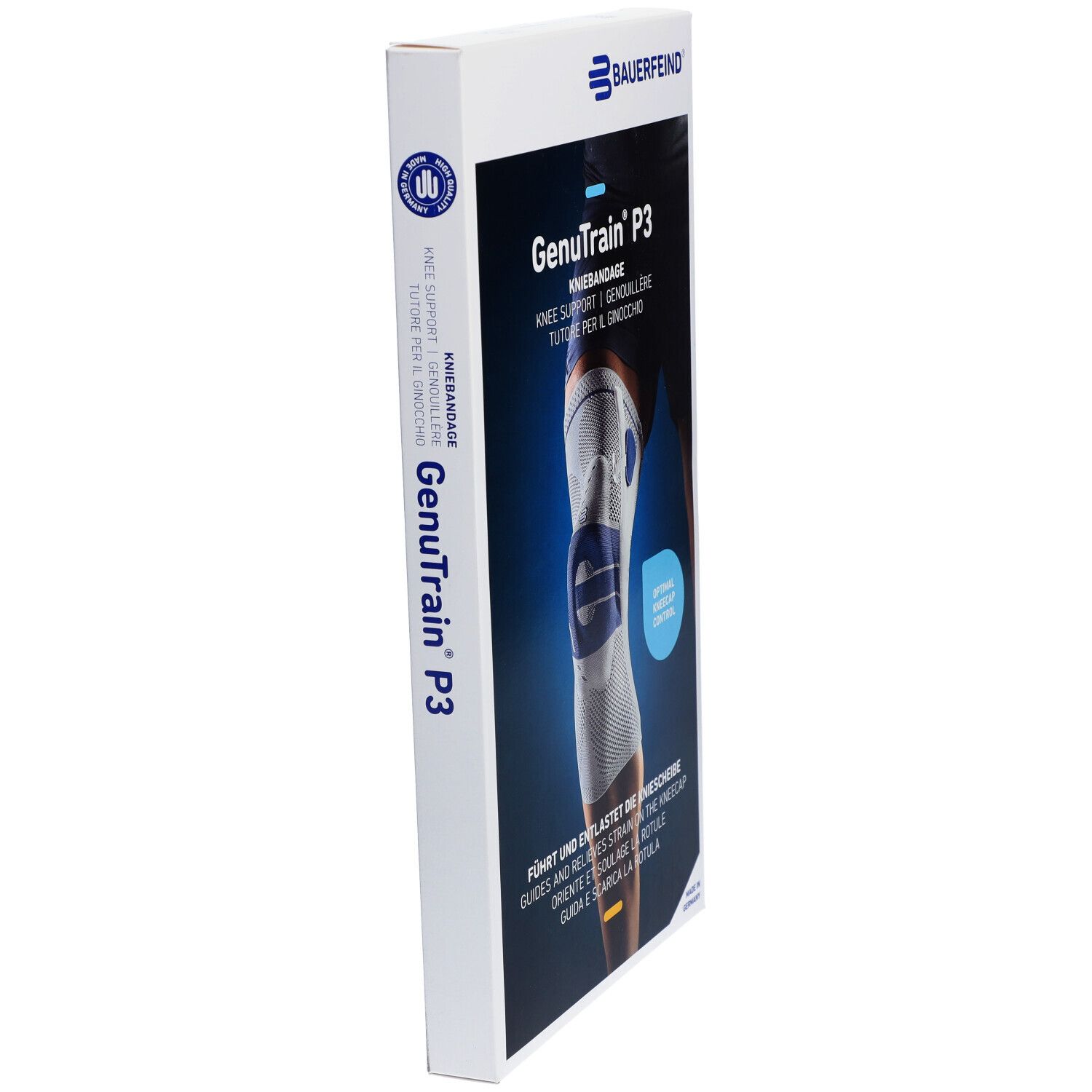 Verpackung der Kniebandage GenuTrain P3. Marke Bauerfeind. Seitenansicht. Text: Kniebandage, Knie Support. Produktabbildung der Kniebandage.