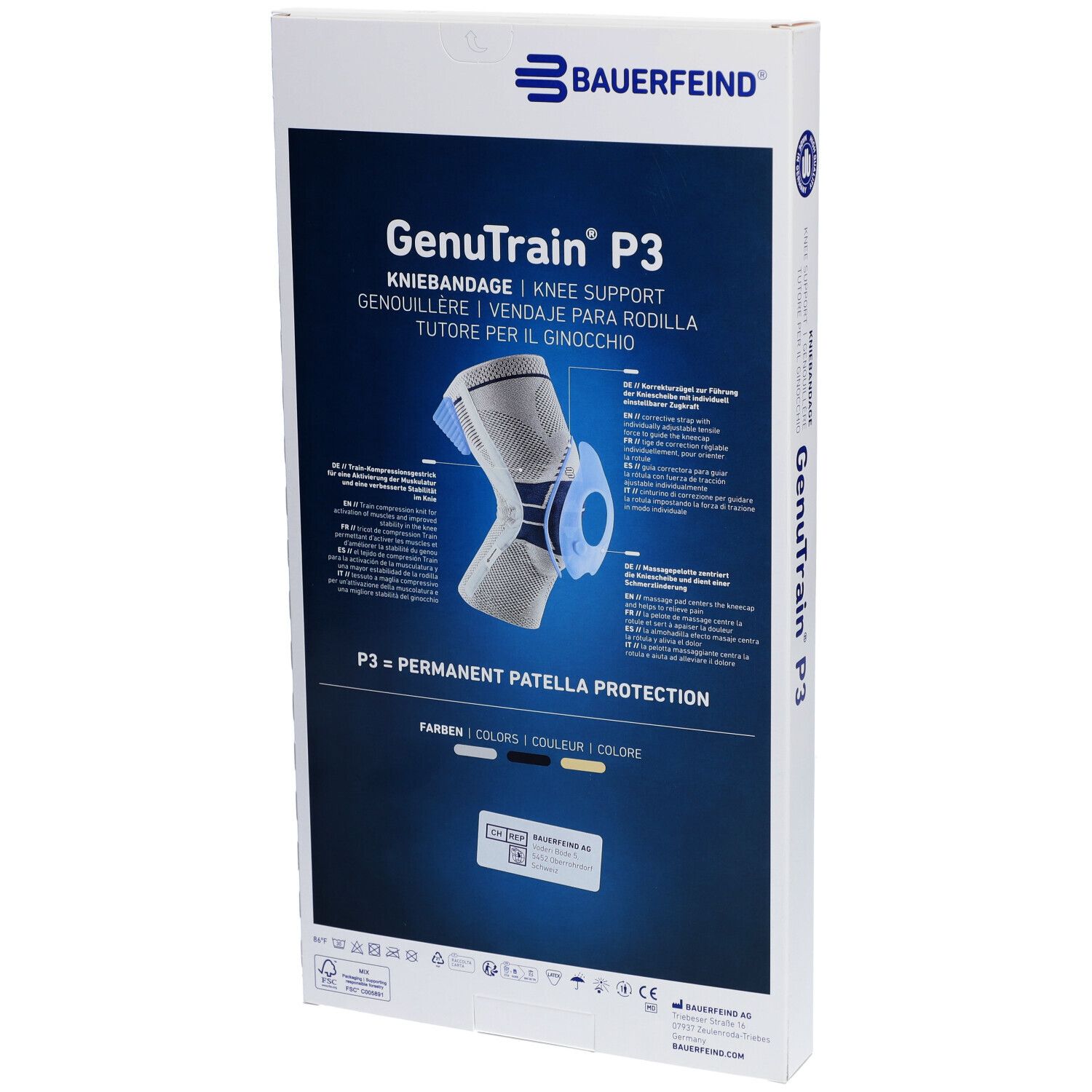Verpackung der Kniebandage GenuTrain P3. Marke Bauerfeind. Text: Kniebandage, Knie Support. Produktabbildung der Kniebandage mit Details.