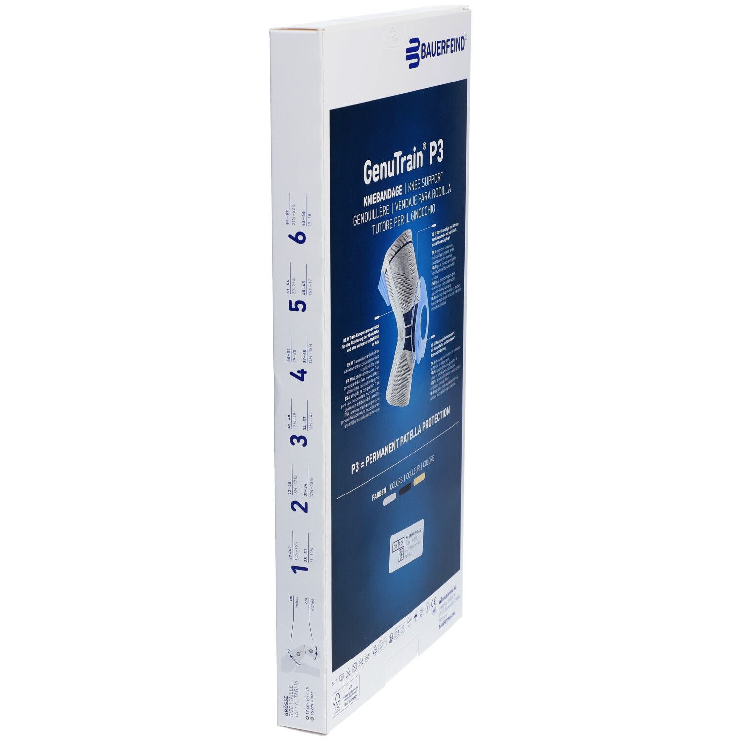 Verpackung der Kniebandage GenuTrain P3. Marke Bauerfeind. Seitenansicht mit Größenangaben. Text: Kniebandage, Knie Support.
