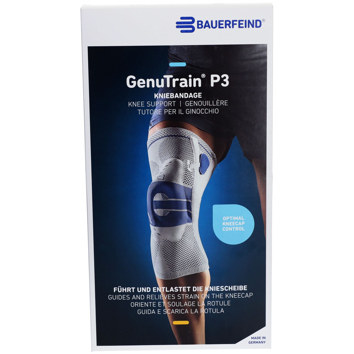 Verpackung der Kniebandage GenuTrain P3. Marke Bauerfeind. Produktabbildung zeigt Kniebandage am Bein. Text: Kniebandage, Knie Support.