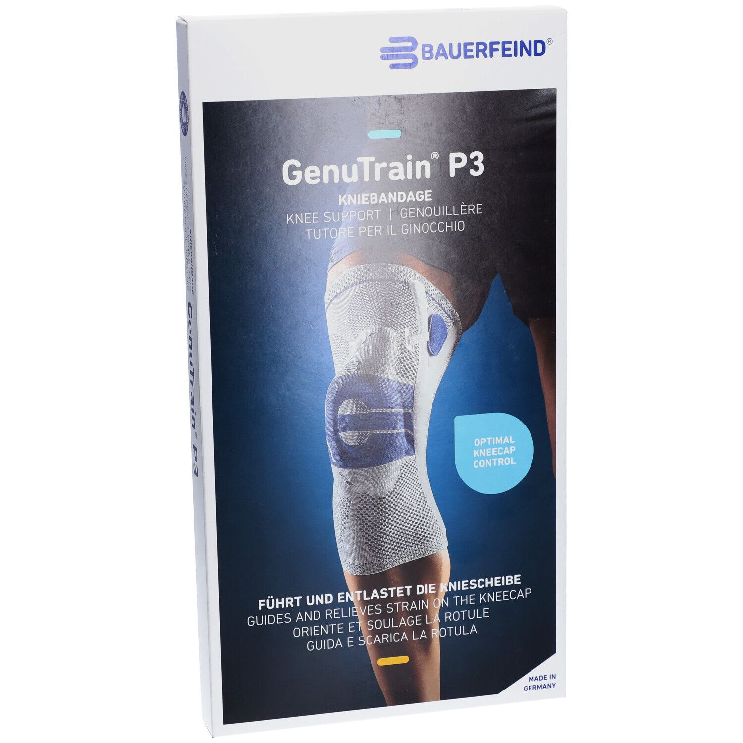 Verpackung der Kniebandage GenuTrain P3. Marke Bauerfeind. Produktabbildung zeigt Kniebandage am Bein. Text: Kniebandage, Knie Support.