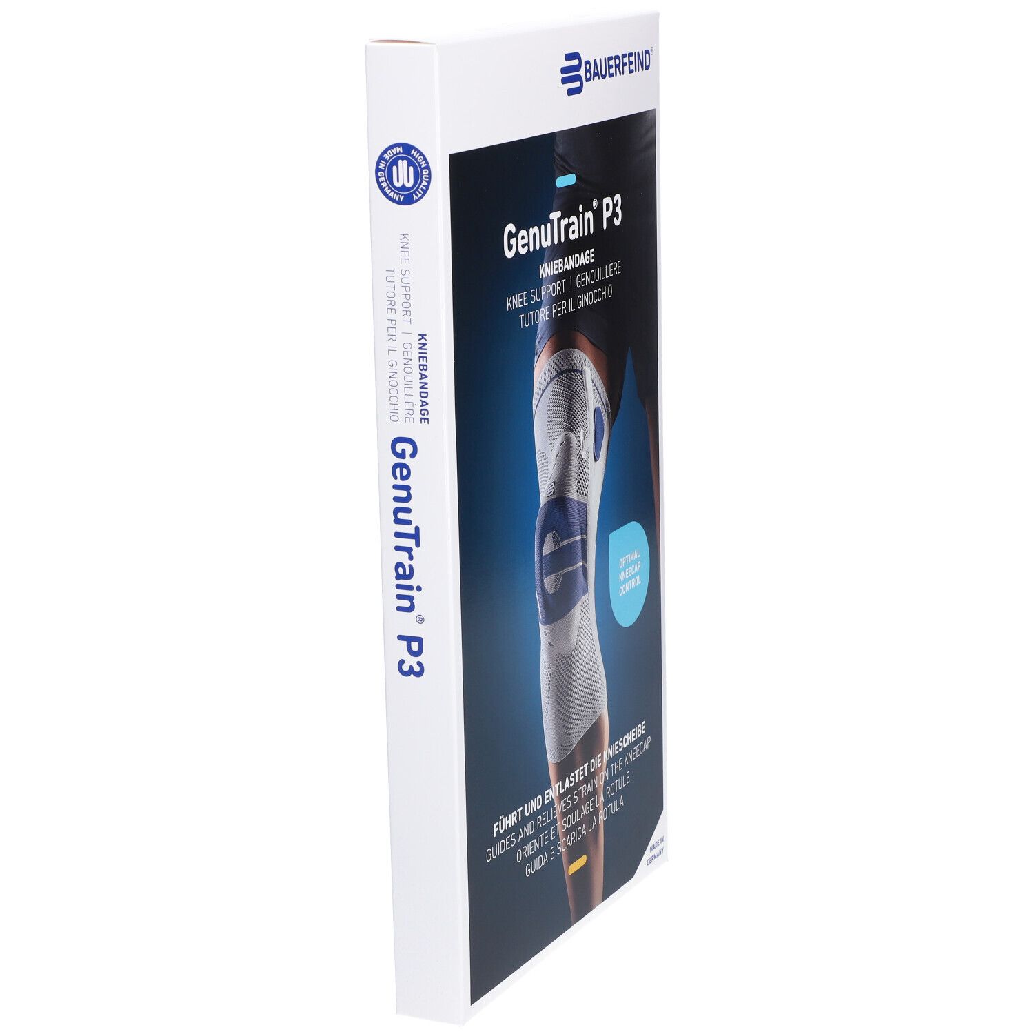 Verpackung der Kniebandage GenuTrain P3. Aufdruck: Bauerfeind, GenuTrain P3, Kniebandage. Seitenansicht der Verpackung.