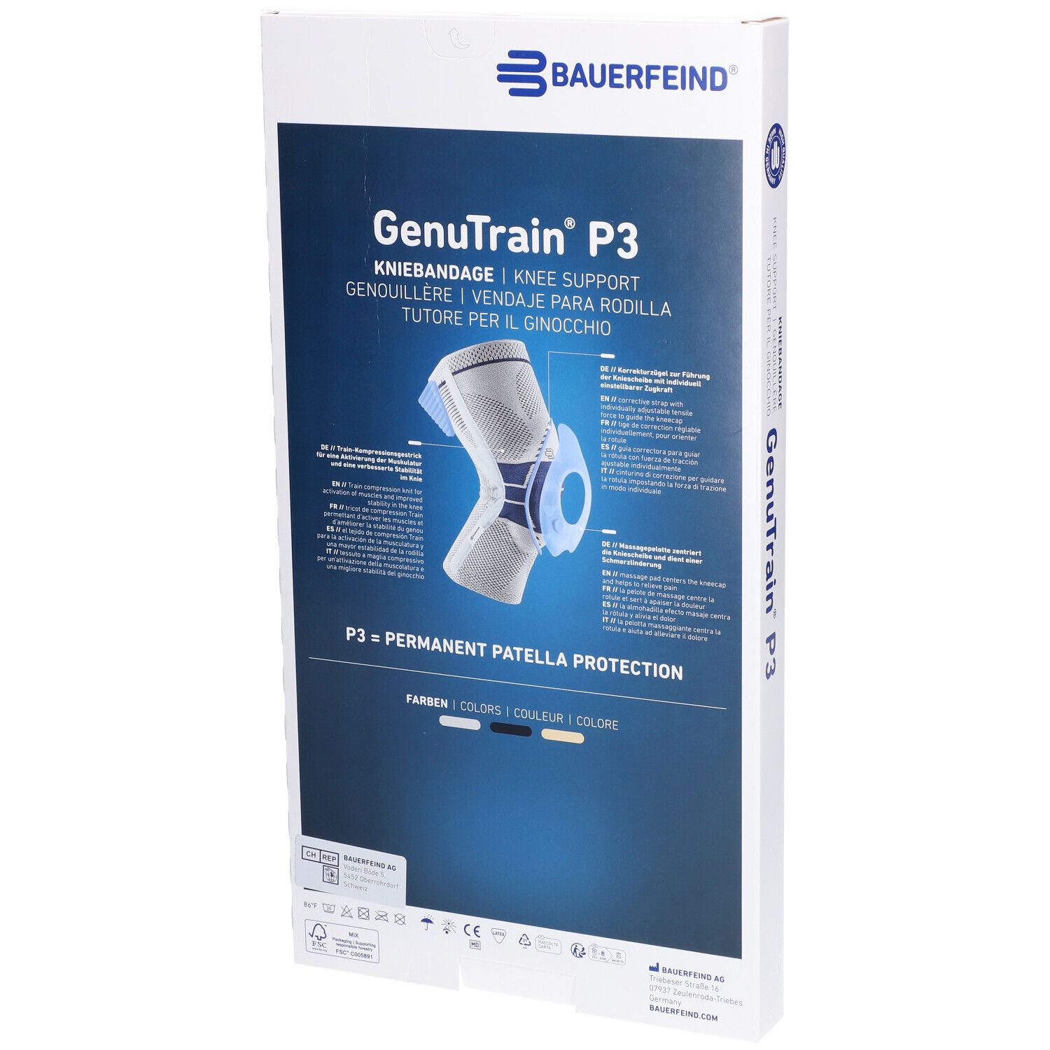 Verpackung der Kniebandage GenuTrain P3. Aufdruck: Bauerfeind, GenuTrain P3, Kniebandage. Abbildung: Kniebandage. Farben: Schwarz, Titan, Beige.