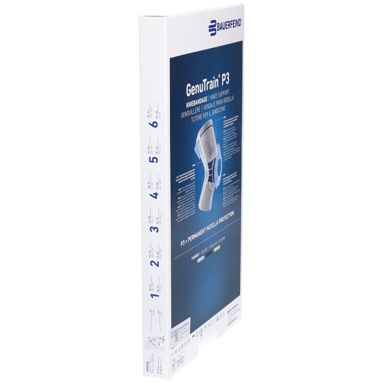Verpackung der Kniebandage GenuTrain P3. Aufdruck: Bauerfeind, GenuTrain P3, Kniebandage. Seitenansicht der Verpackung mit Größenangaben.