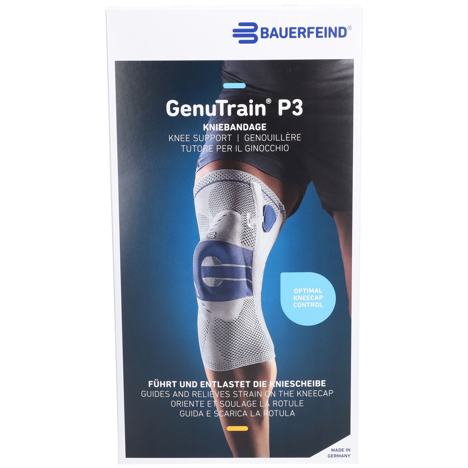 Verpackung der Kniebandage GenuTrain P3. Aufdruck: Bauerfeind, GenuTrain P3, Kniebandage. Abbildung: Kniebandage am Bein.