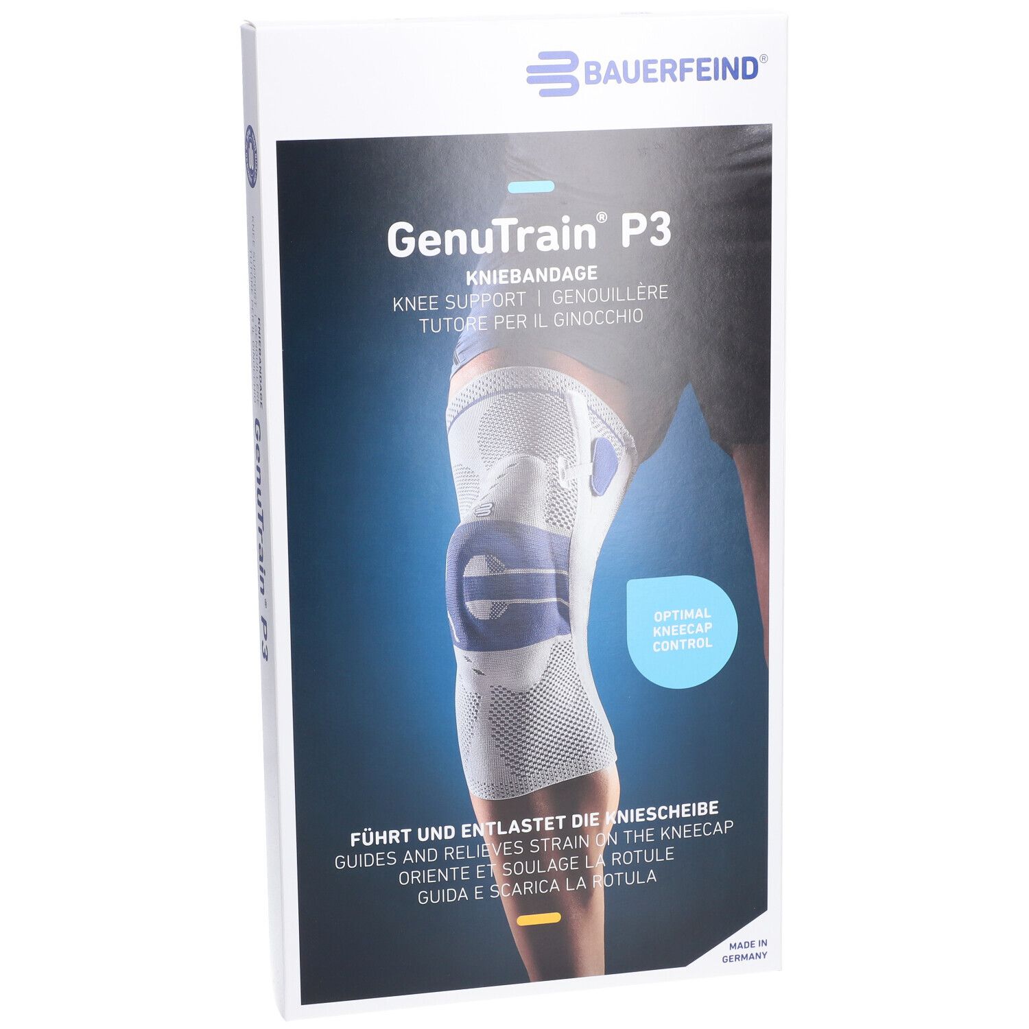 Verpackung der Kniebandage GenuTrain P3. Aufdruck: Bauerfeind, GenuTrain P3, Kniebandage. Abbildung: Kniebandage am Bein.