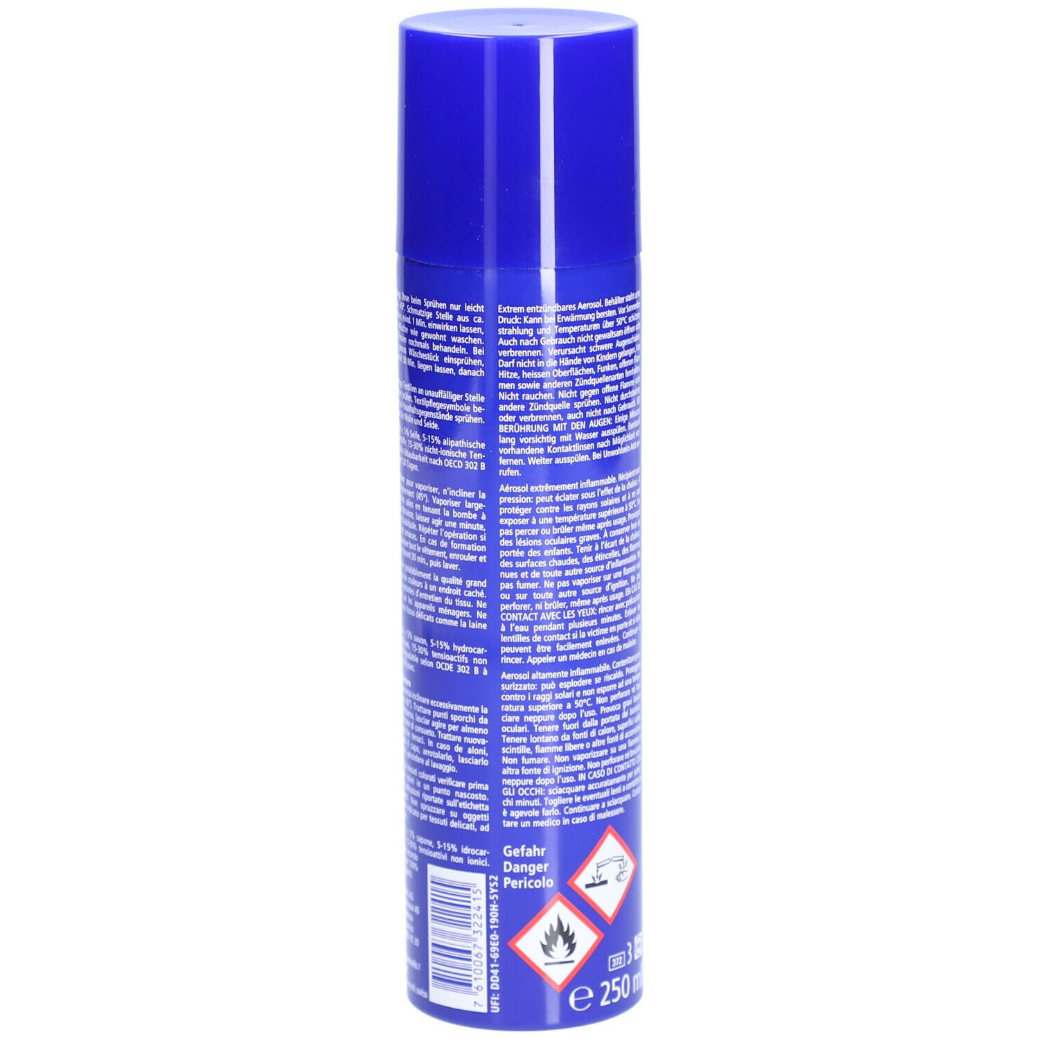Blaue Aerosol-Dose. Text auf der Seite. Gefahrenhinweis-Symbole. Informationen zu Inhaltsstoffen und Anwendung.