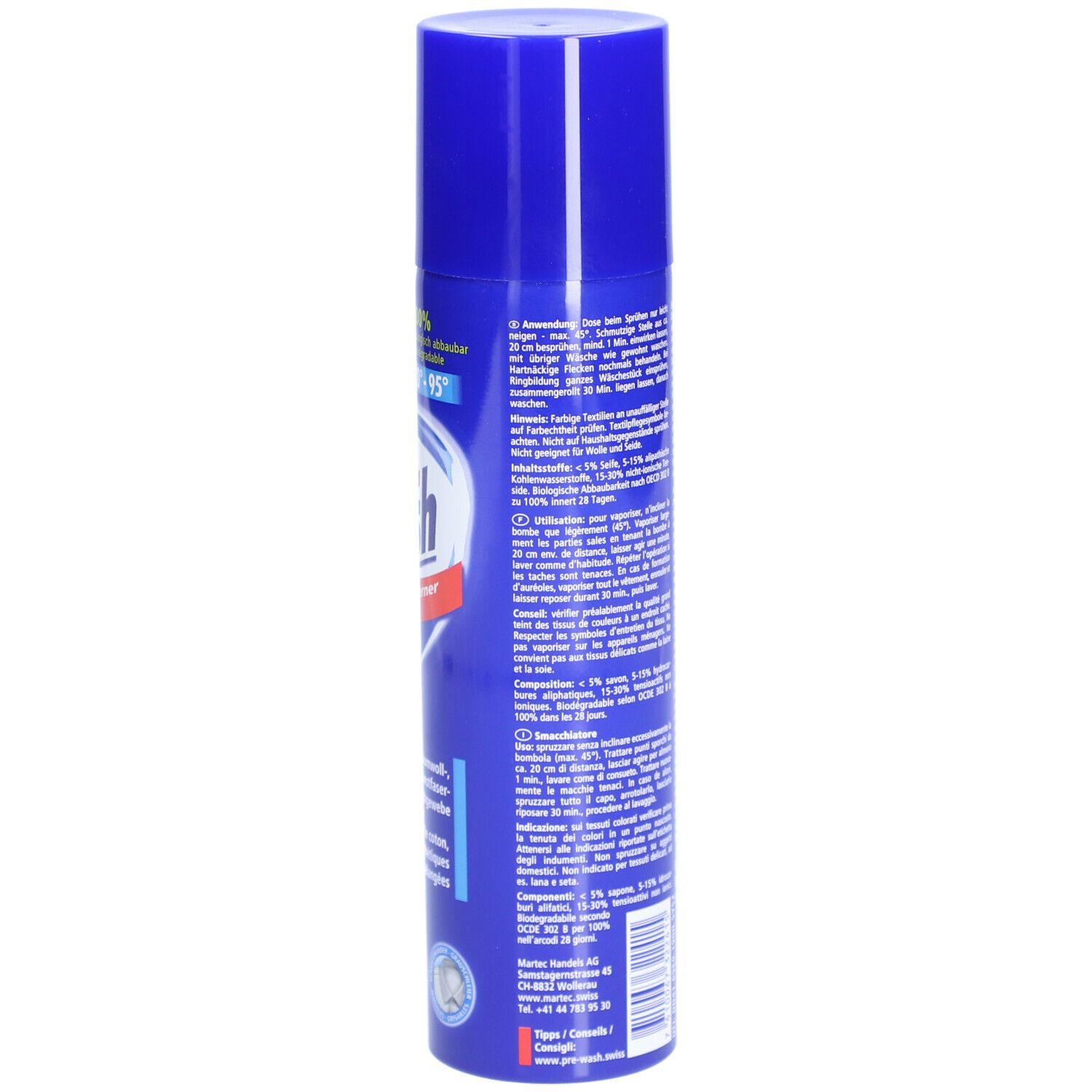 Blaue Aerosol-Dose. Text auf der Seite. Informationen zur Anwendung. Enthält Inhaltsstoffe. "pre-wash"-Logo.