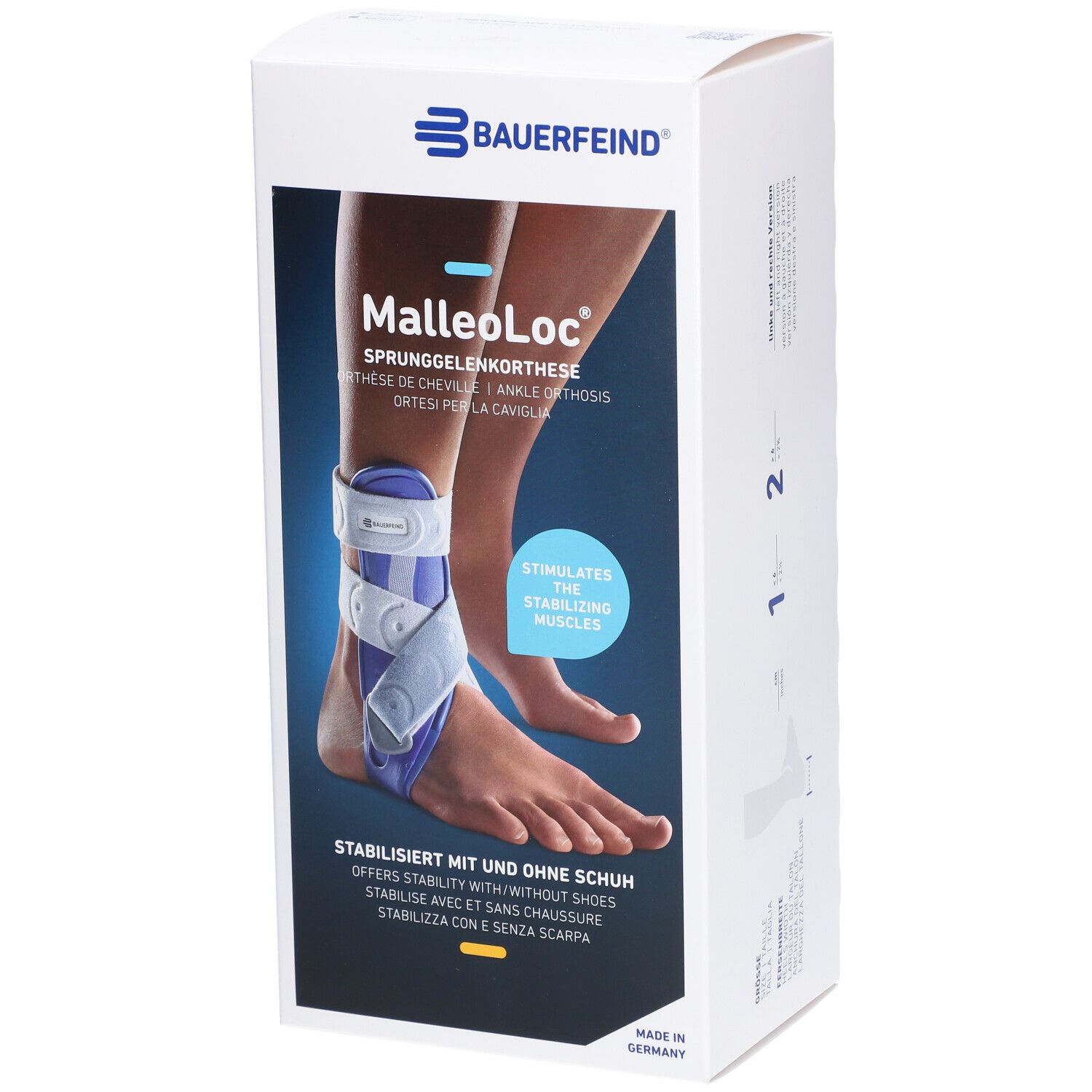 Verpackung der MalleoLoc Sprunggelenkorthese. Zeigt das Produkt am Fuß. Marke und Produktname sind sichtbar.