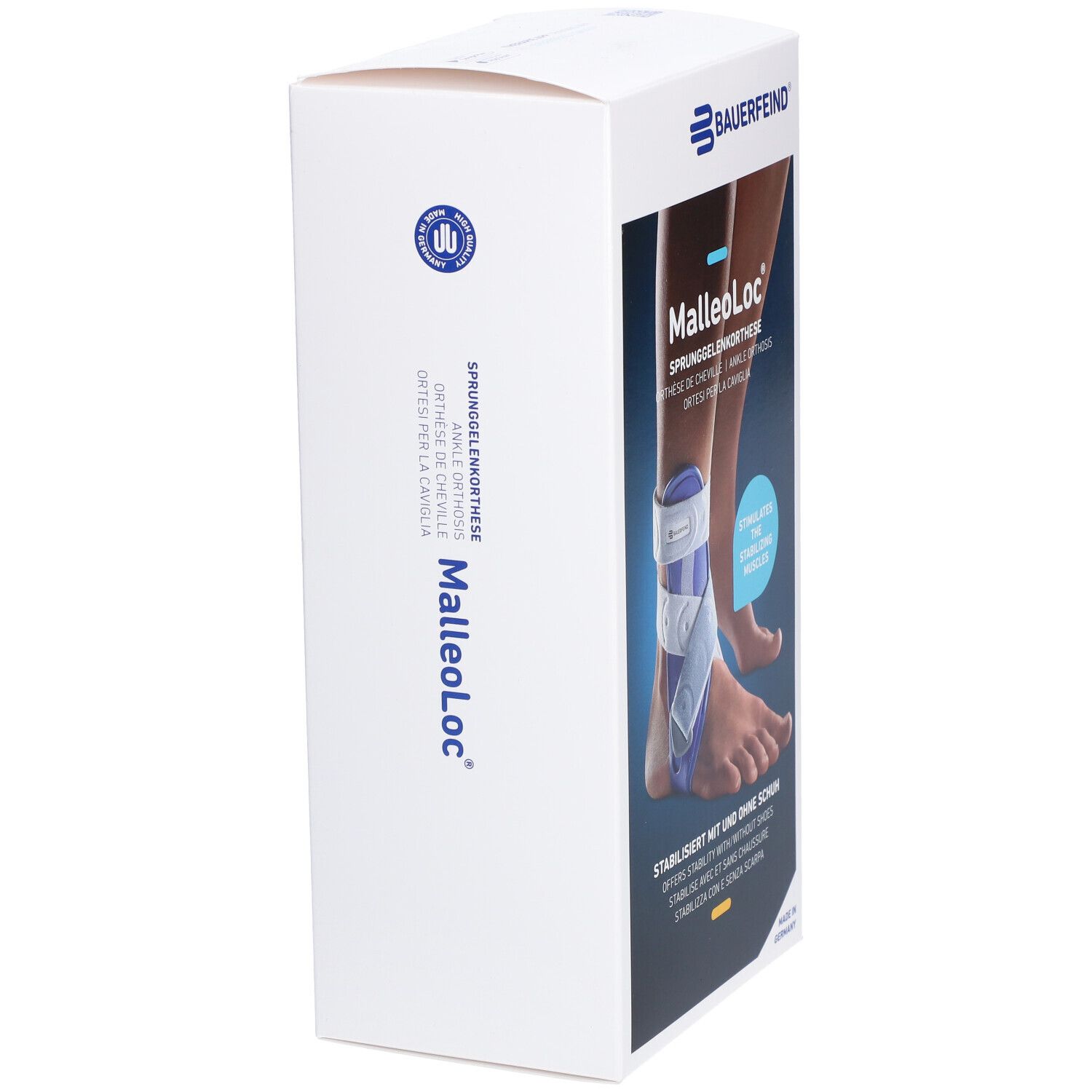 Verpackung der MalleoLoc Sprunggelenkorthese. Marke und Produktname sind sichtbar. Winkelansicht.