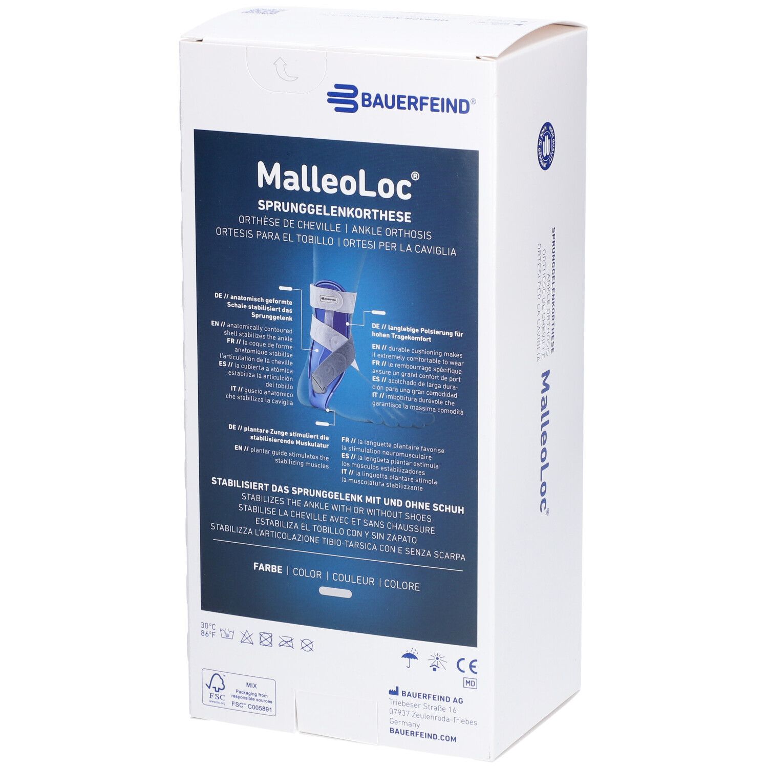 Rückseite der MalleoLoc Sprunggelenkorthese Verpackung. Text in mehreren Sprachen. Produktname und Marke sind sichtbar.