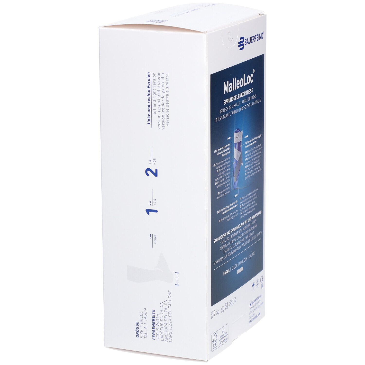 Seite der MalleoLoc Sprunggelenkorthese Verpackung. Größenangaben und Marke sind sichtbar.