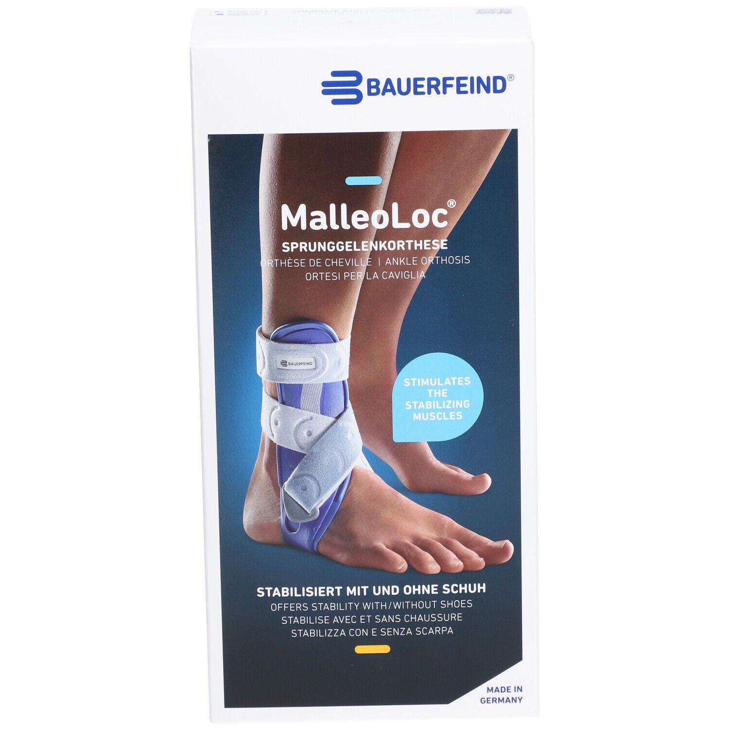 Verpackung der MalleoLoc Sprunggelenkorthese. Zeigt das Produkt am Fuß. Marke und Produktname sind sichtbar.