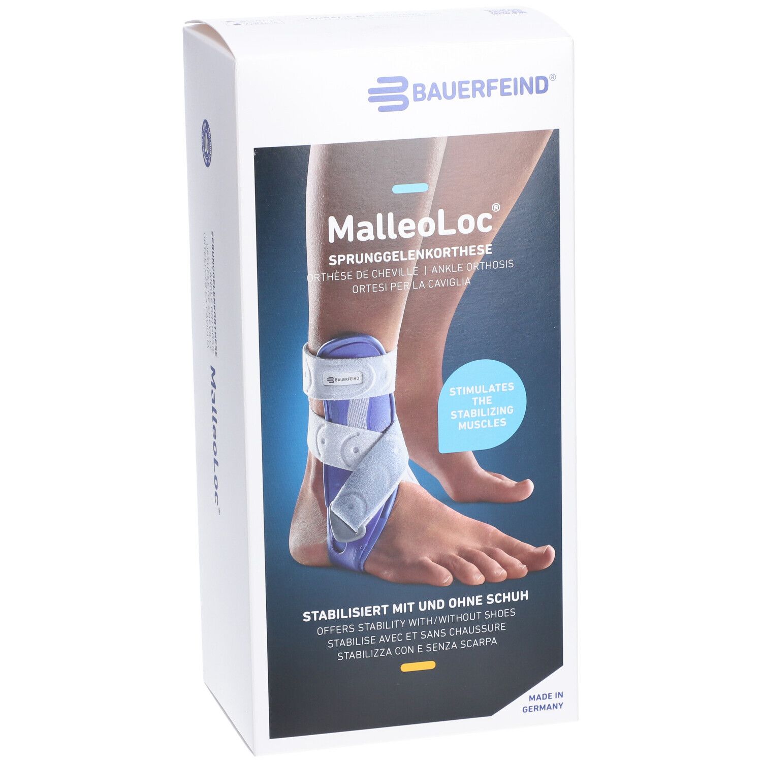 Verpackung der MalleoLoc Sprunggelenkorthese. Zeigt das Produkt am Fuß. Marke und Produktname sind sichtbar.
