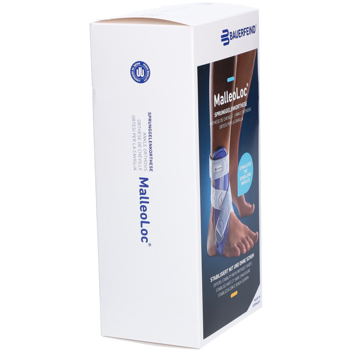 Bauerfeind MalleoLoc® Knöchelorthese in Verpackung. Seitenansicht der Verpackung. Produktname und Logo deutlich sichtbar.