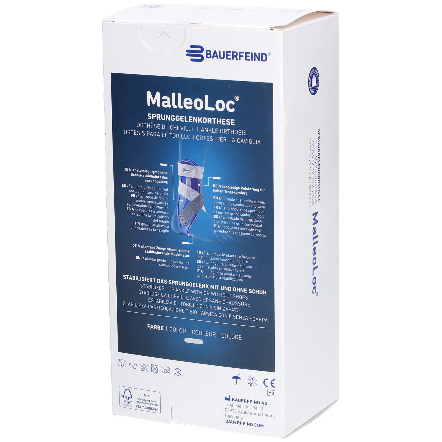 Rückseite der Bauerfeind MalleoLoc® Verpackung. Produktinformationen und Logos. Text in mehreren Sprachen.