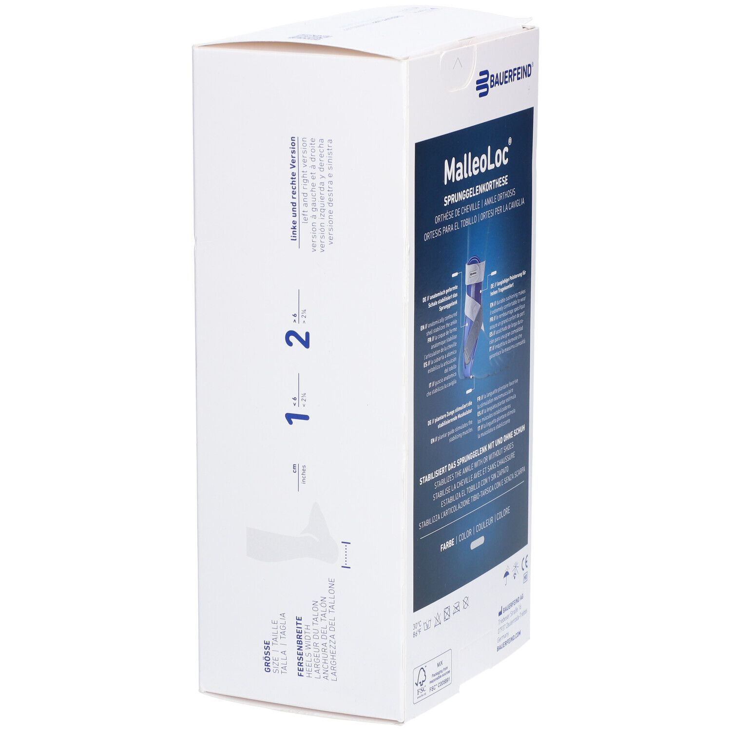 Seitenansicht der Bauerfeind MalleoLoc® Verpackung. Größenangaben und Produktinformationen. Logos.