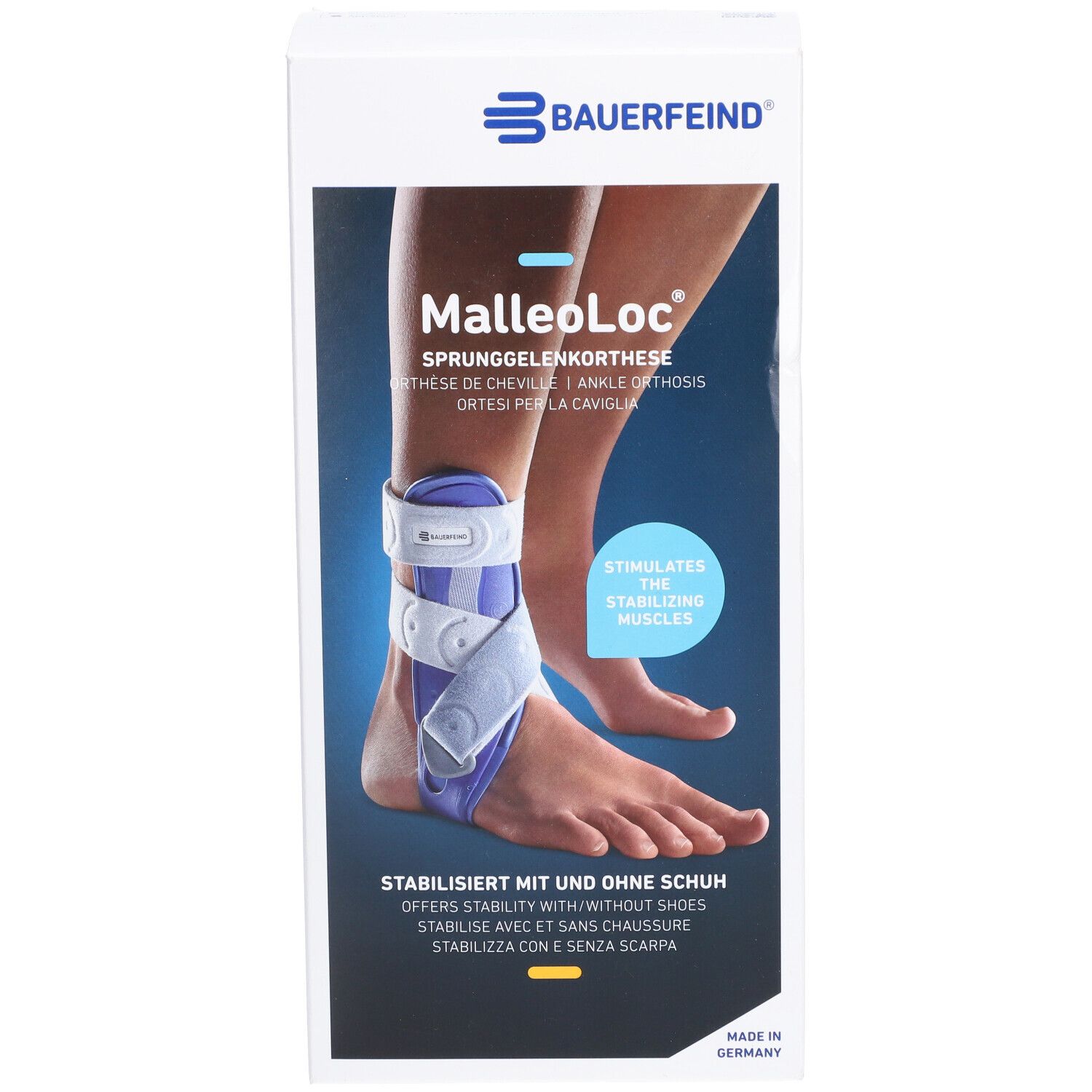 Bauerfeind MalleoLoc® Knöchelorthese in Verpackung. Produktabbildung zeigt Fuß mit Orthese. Text: Stabilisiert mit und ohne Schuh.