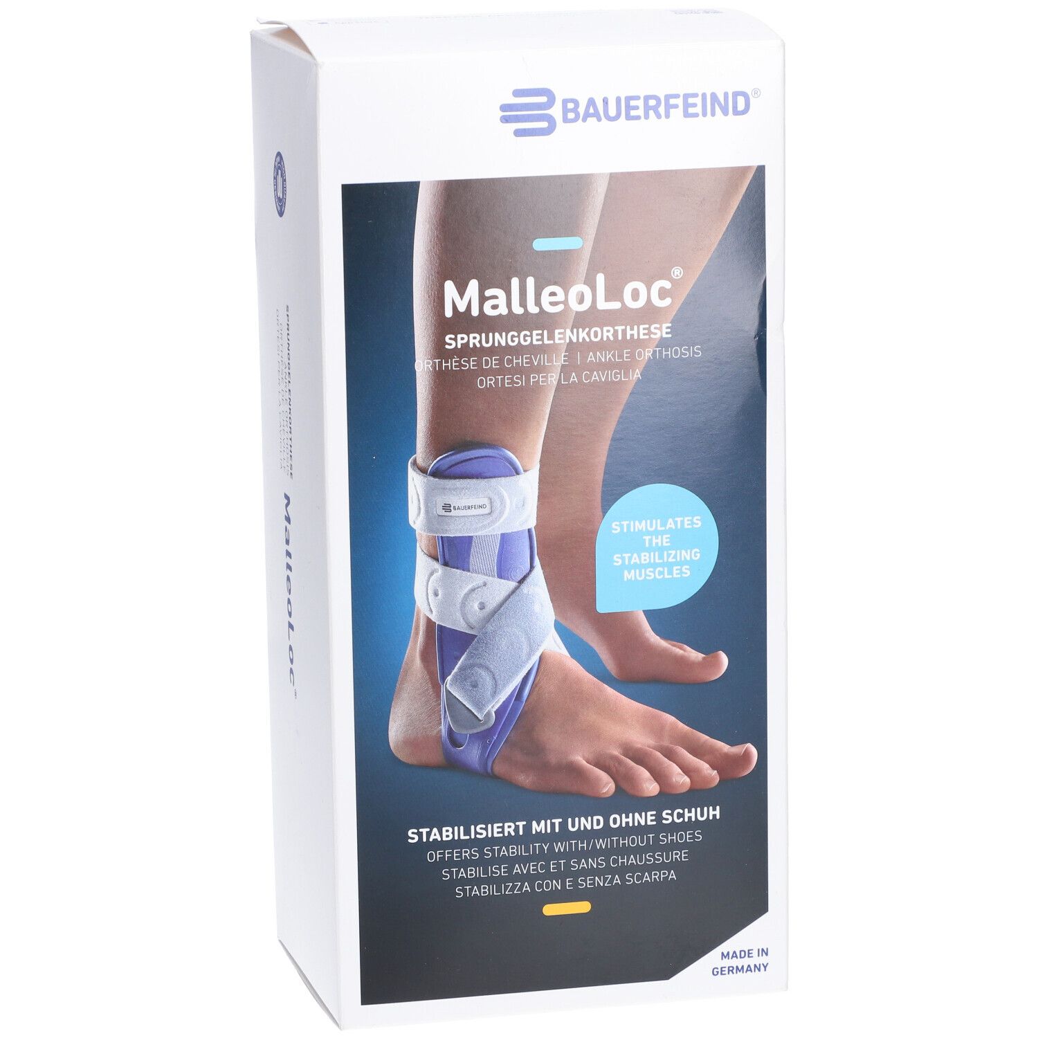 Bauerfeind MalleoLoc® Knöchelorthese in Verpackung. Produktabbildung zeigt Fuß mit Orthese. Text: Stabilisiert mit und ohne Schuh.