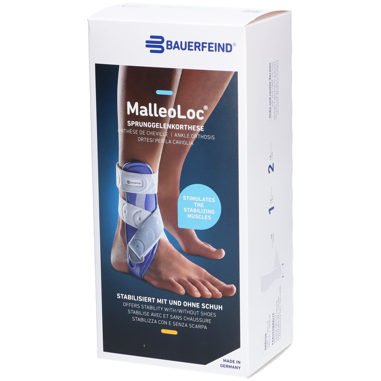 Bauerfeind MalleoLoc® Orthese, Größe 1 rechts, auf Verpackung. Produktabbildung zeigt Knöchelorthese am Fuß.