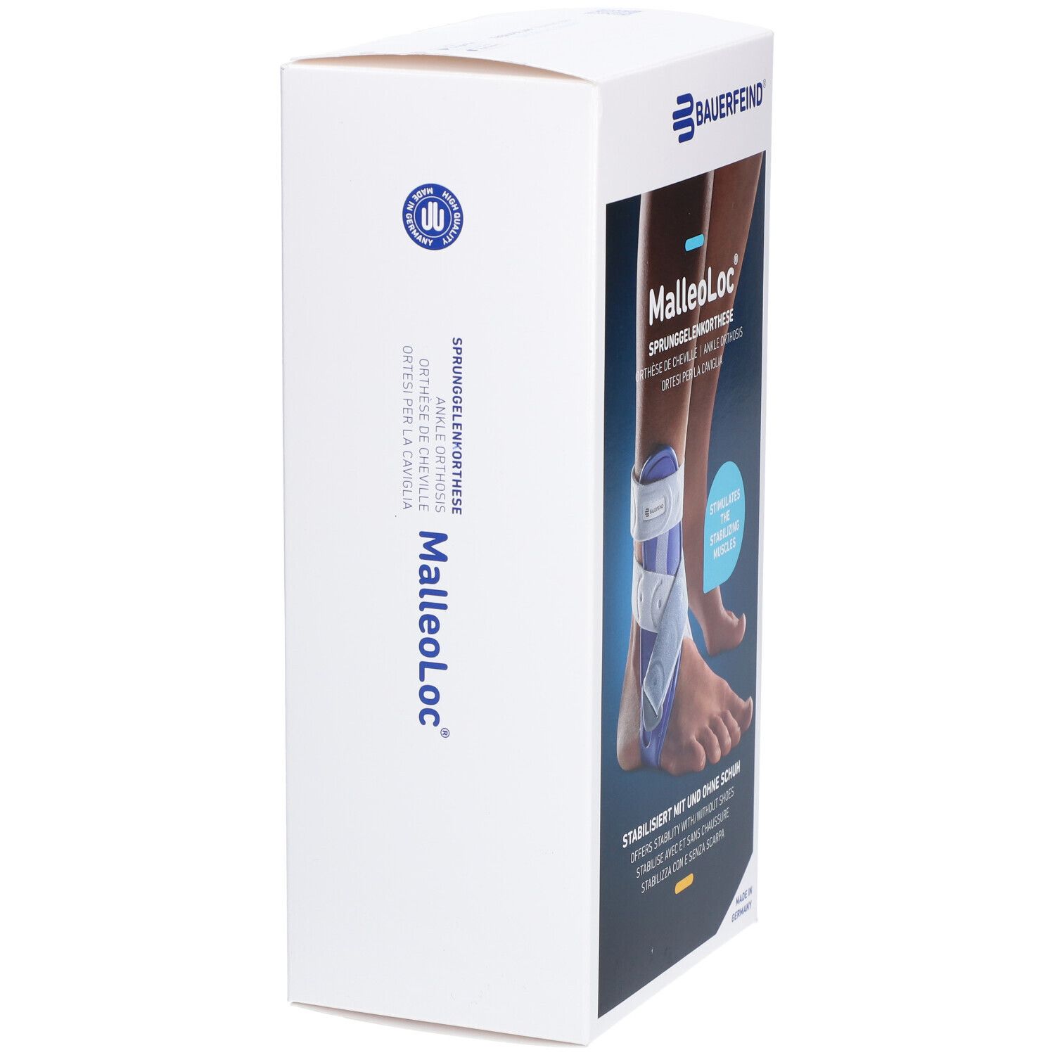 Verpackung der Bauerfeind MalleoLoc® Orthese. Produktname und Logo auf weißem Karton. Seitenansicht mit Produktabbildung.