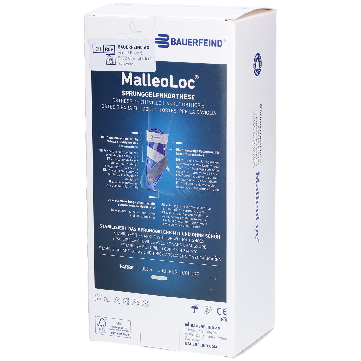 Rückseite der Verpackung der Bauerfeind MalleoLoc® Orthese. Produktinformationen, Logos und Text in mehreren Sprachen.