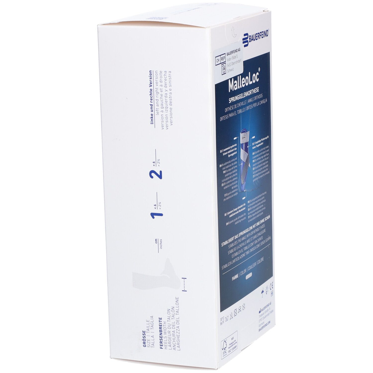Seitenansicht der Verpackung der Bauerfeind MalleoLoc® Orthese. Größenangaben und Produktabbildung.