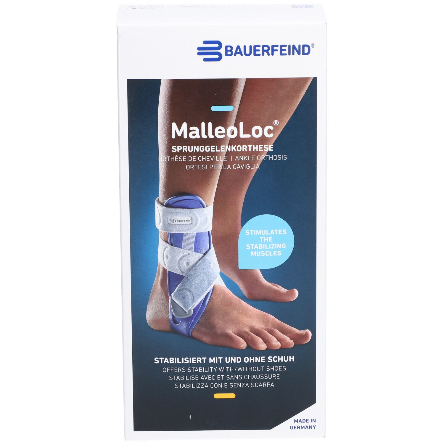 Bauerfeind MalleoLoc® Orthese, Größe 1 rechts, auf Verpackung. Produktabbildung zeigt Knöchelorthese am Fuß.