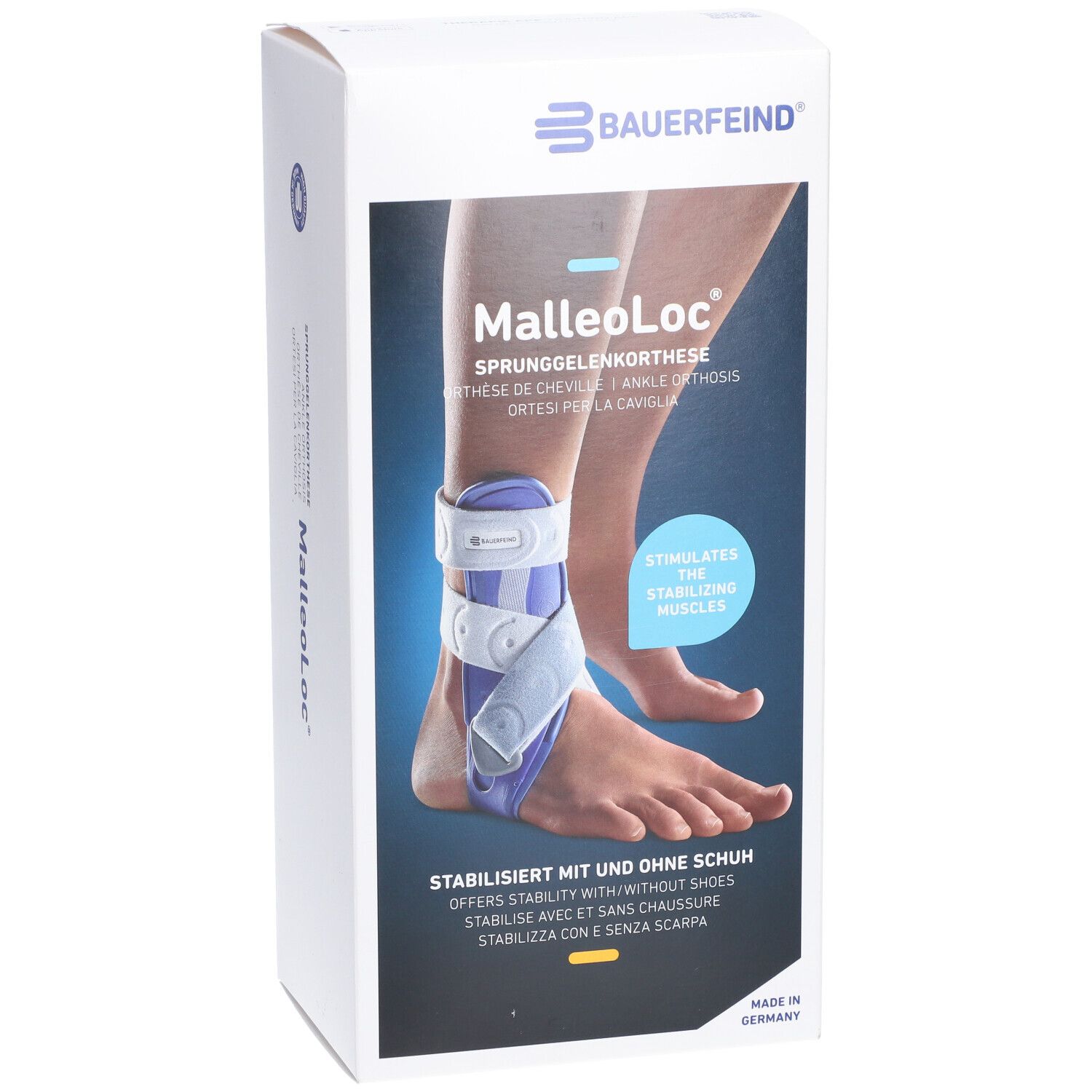 Bauerfeind MalleoLoc® Orthese, Größe 1 rechts, auf Verpackung. Produktabbildung zeigt Knöchelorthese am Fuß.