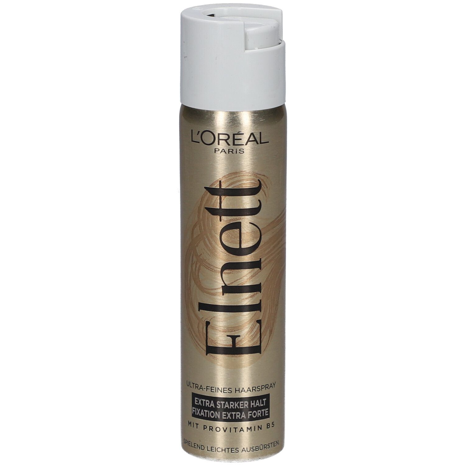 Haarspray-Dose mit weißem Deckel. Goldfarbene Dose mit Schriftzug Elnett und L'Oréal Paris. Extra starker Halt.