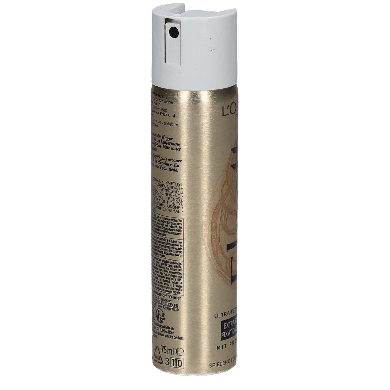Haarspray-Dose, Rückseite mit Text. Goldfarbene Dose mit weißem Deckel. Text in mehreren Sprachen, Inhaltsstoffe und Warnhinweise.