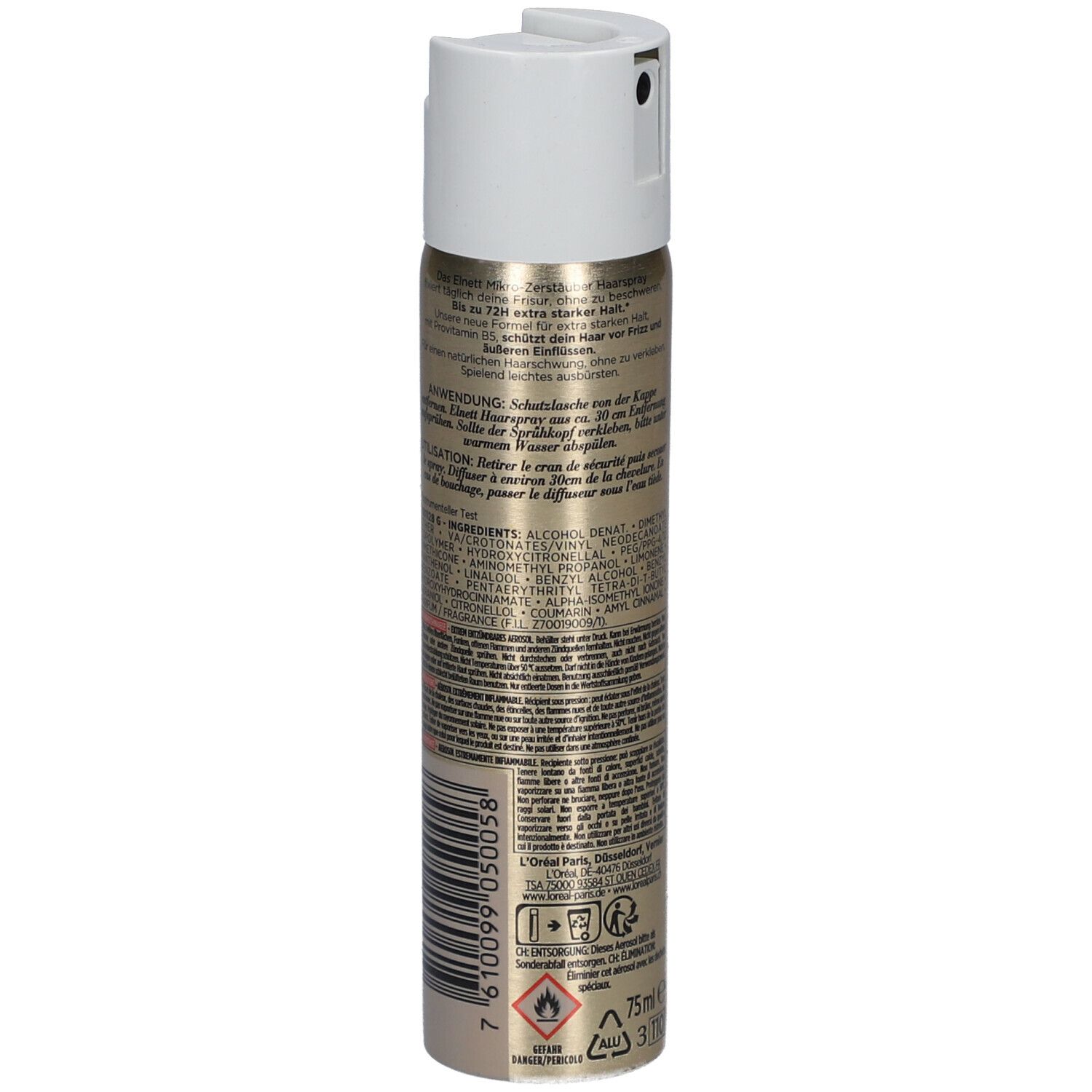 Haarspray-Dose, Rückseite mit Text. Goldfarbene Dose mit weißem Deckel. Text in mehreren Sprachen, Inhaltsstoffe und Warnhinweise.