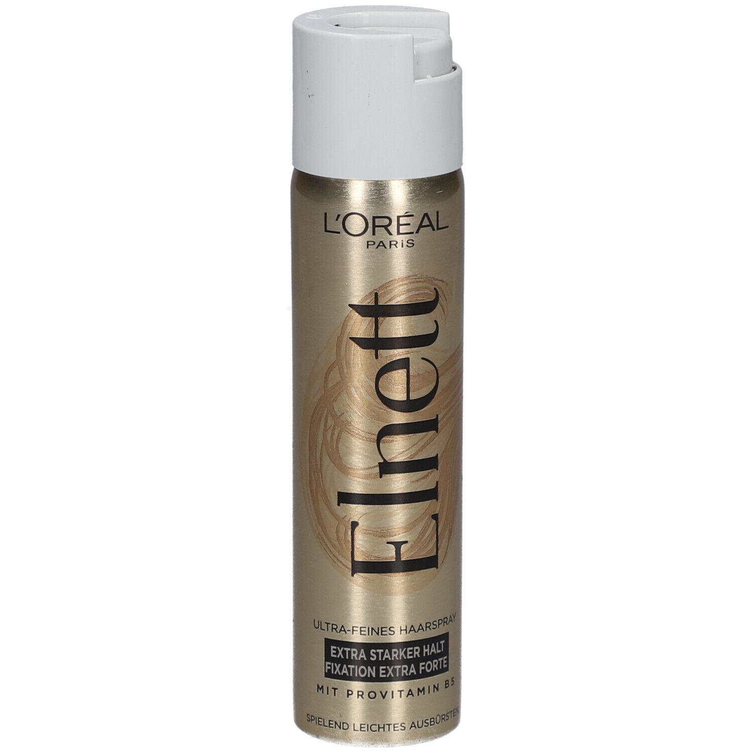 Haarspray-Dose mit weißem Deckel. Goldfarbene Dose mit Schriftzug Elnett und L'Oréal Paris. Extra starker Halt.
