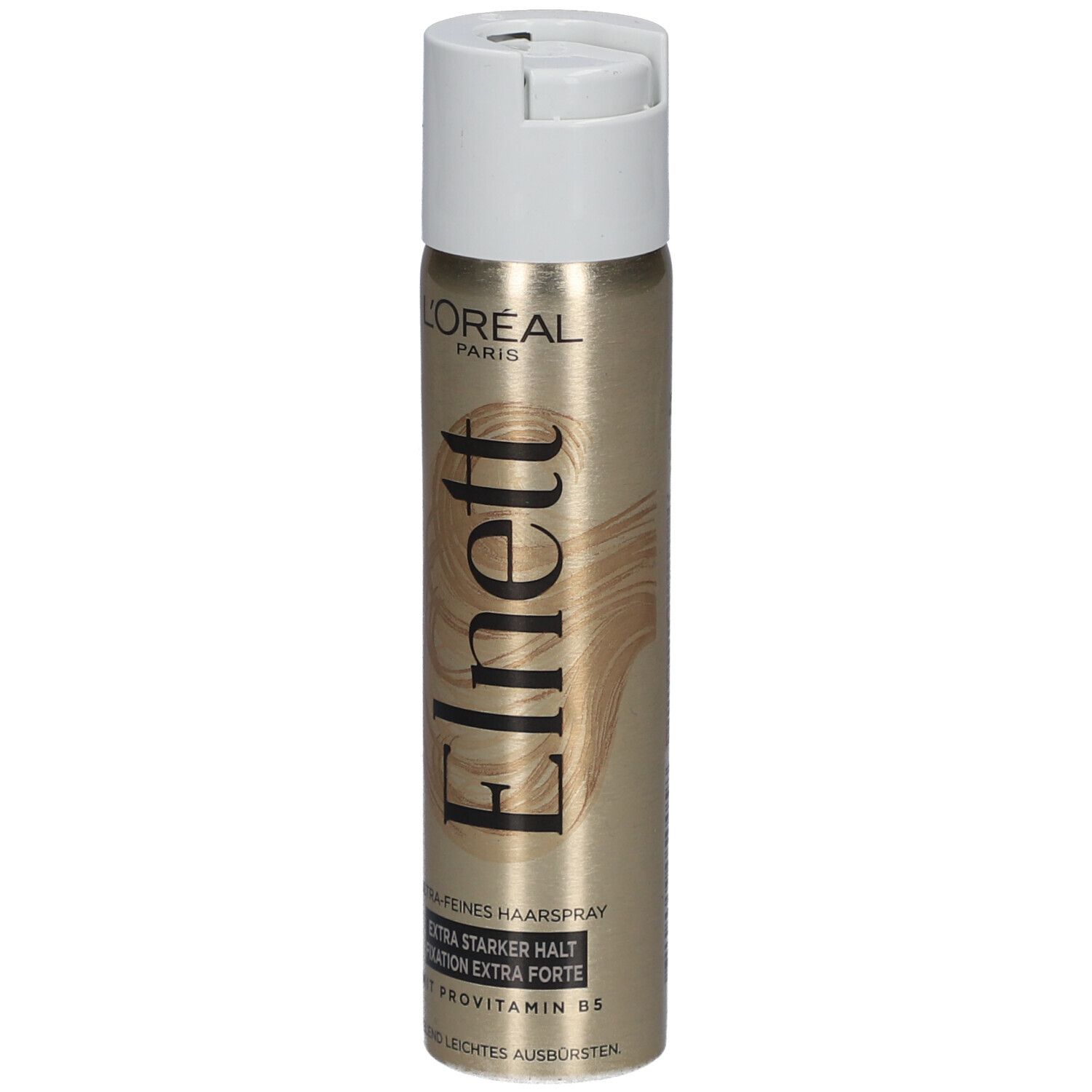 Haarspray-Dose mit weißem Deckel. Goldfarbene Dose mit Schriftzug Elnett und L'Oréal Paris. Extra starker Halt.