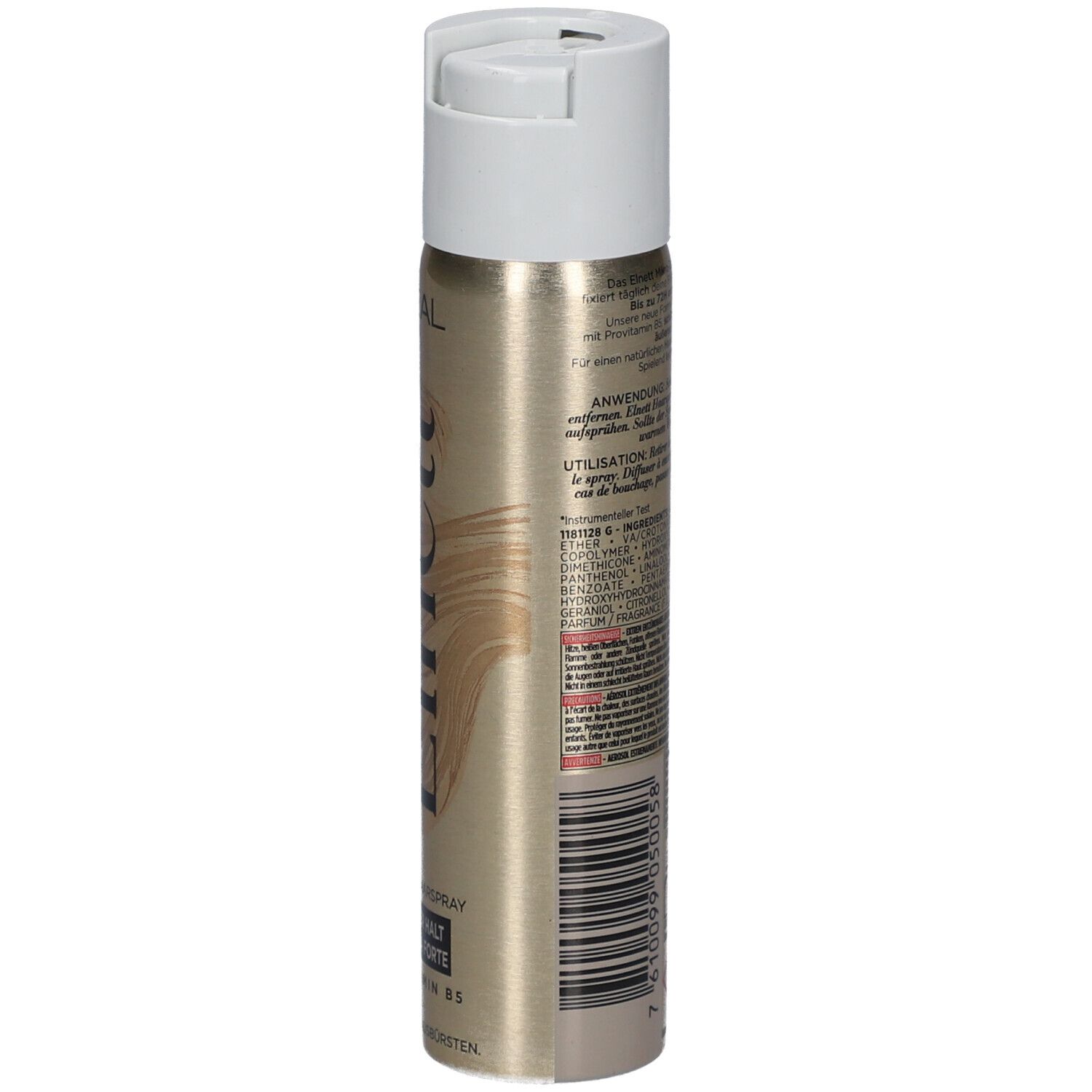 Haarspray-Dose, Rückseite mit Text. Goldfarbene Dose mit weißem Deckel. Text in mehreren Sprachen, Inhaltsstoffe und Warnhinweise.