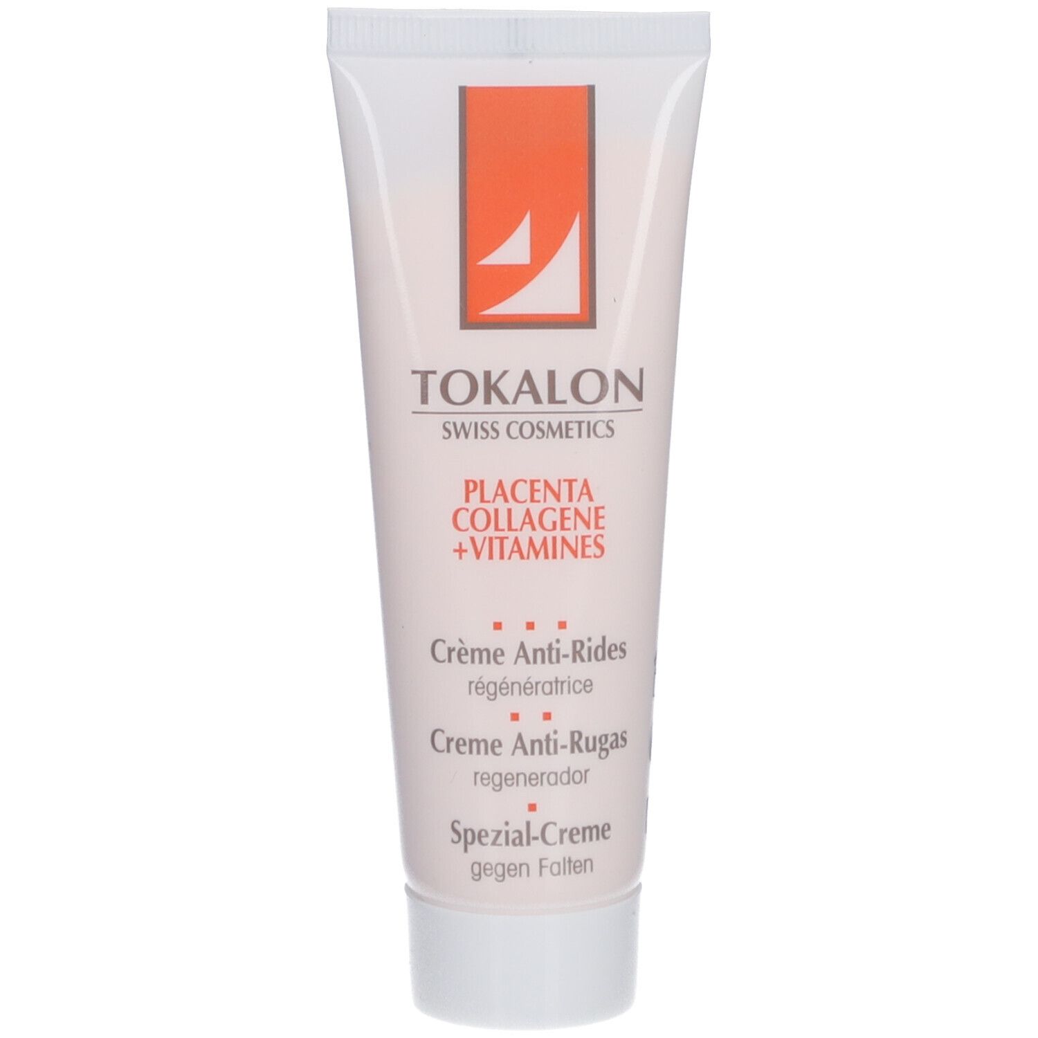 Tube de crème blanche. Inscription: Tokalon Swiss Cosmetics, Placenta, Collagène, Vitamines. Crème anti-rides.