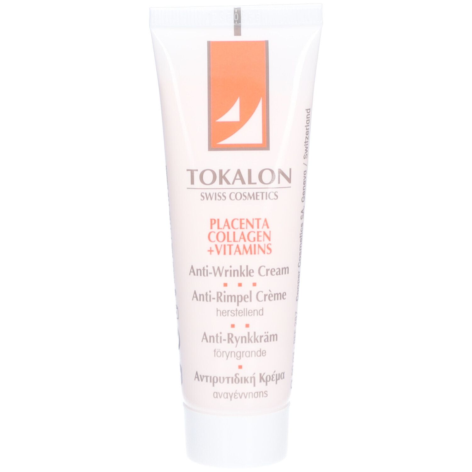 Tube blanc avec inscription: Tokalon Swiss Cosmetics, Placenta, Collagène, Vitamines. Crème anti-rides. Textes multilingues.