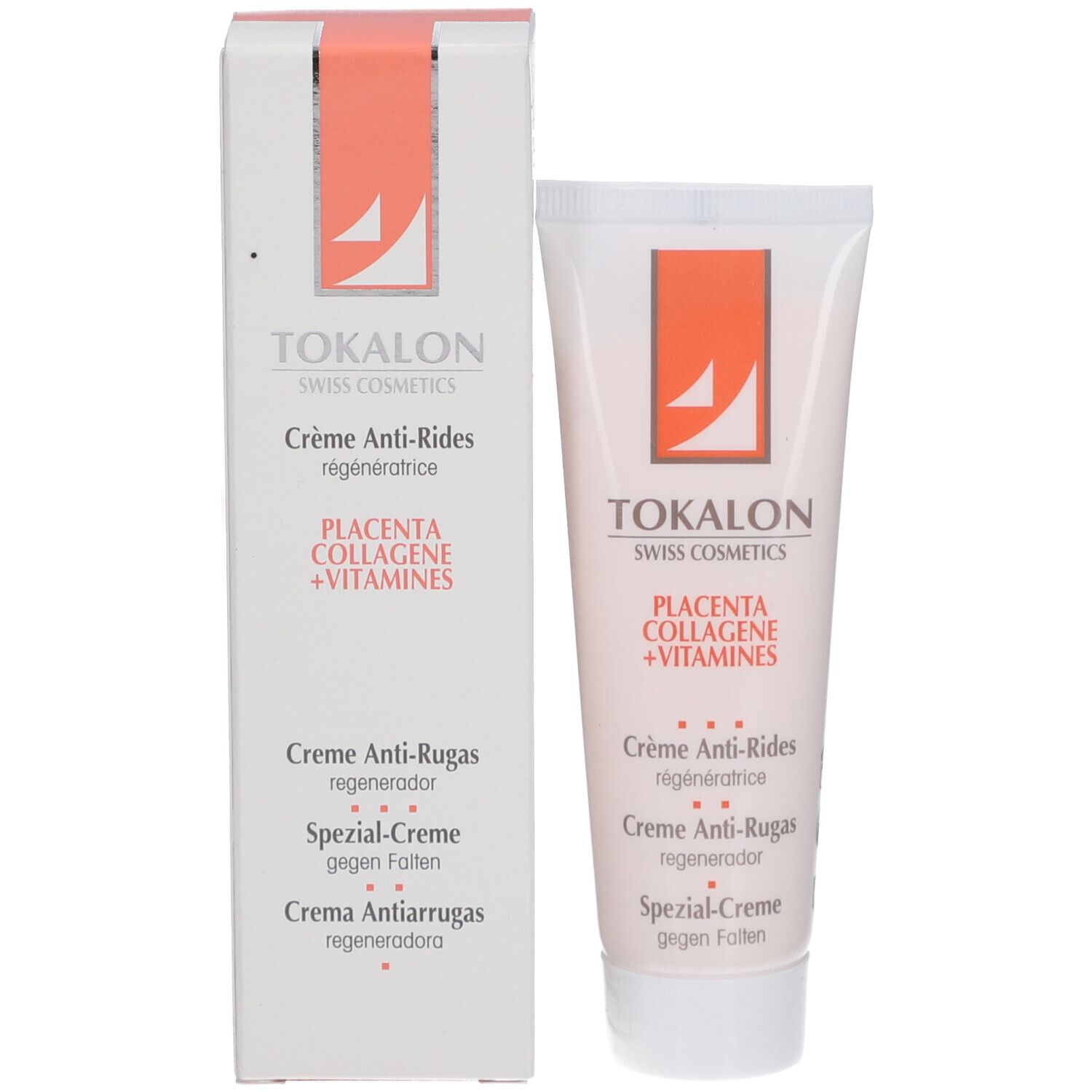 Emballage du produit avec tube et boîte. Inscription: Tokalon Swiss Cosmetics, Placenta, Collagène, Vitamines. Crème anti-rides.