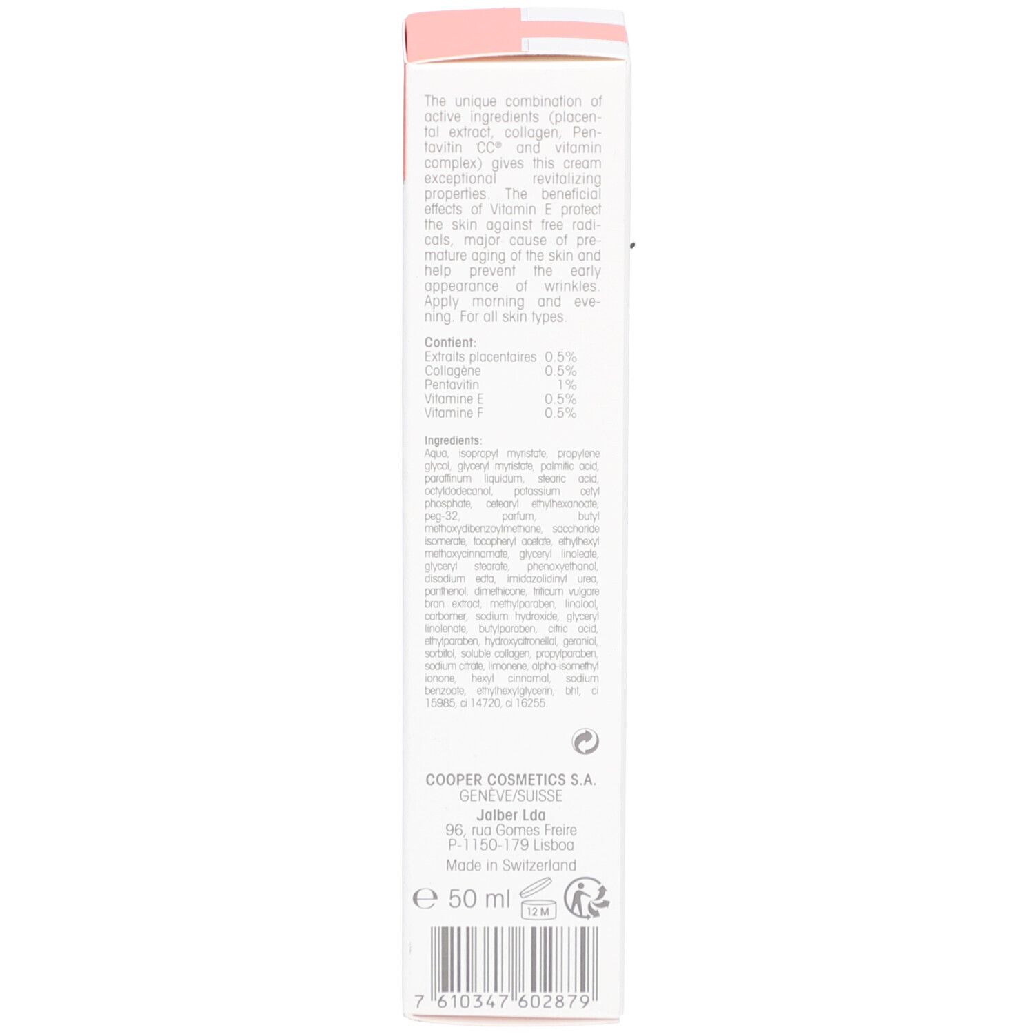 Dos de la boîte avec ingrédients et informations du fabricant. Contient 50 ml. Fabriqué en Suisse.