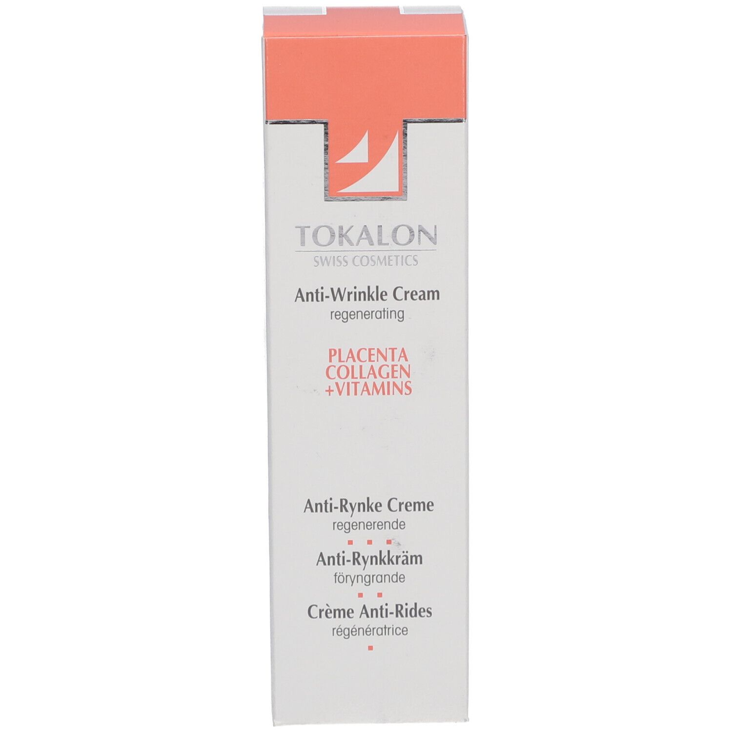 Boîte avec inscription: Tokalon Swiss Cosmetics, Crème anti-rides, Placenta, Collagène, Vitamines. Textes multilingues.