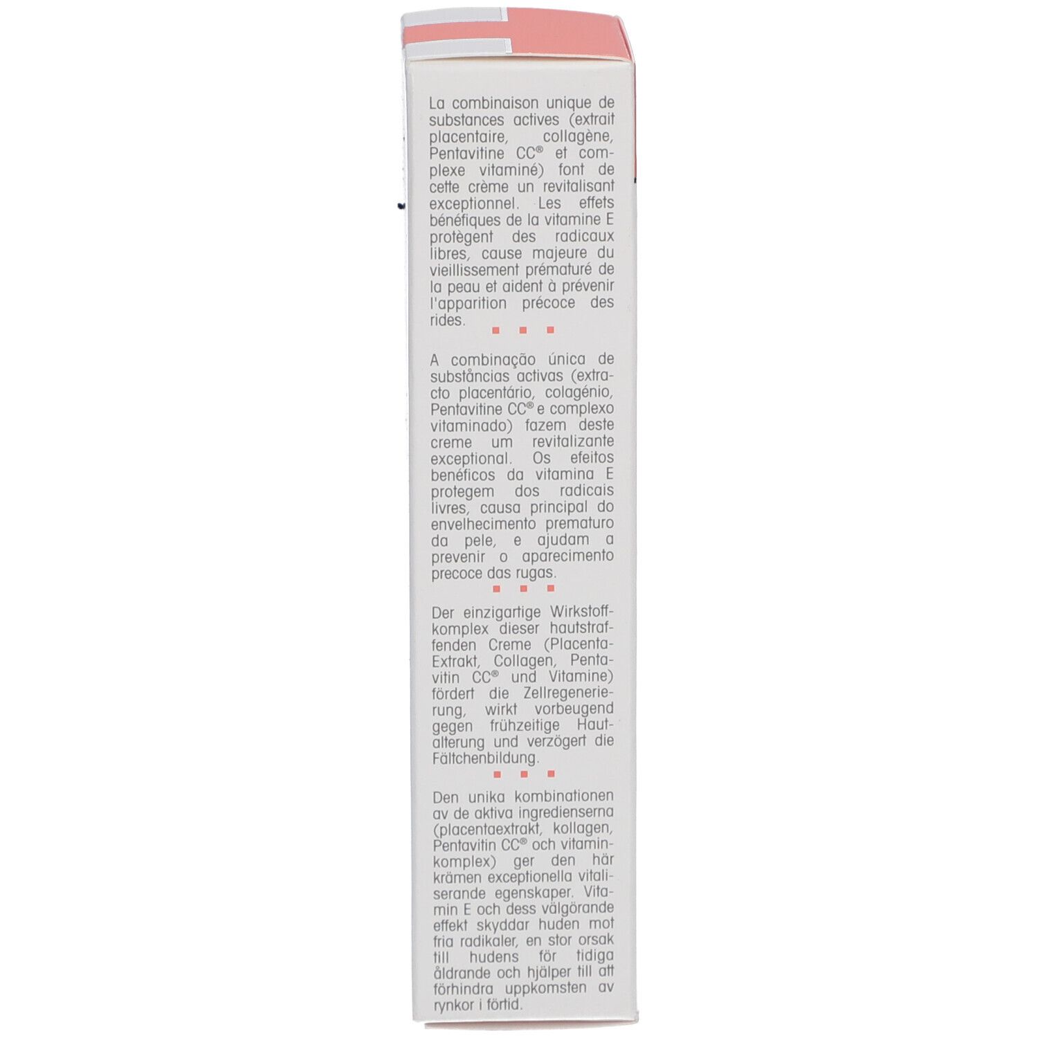 Dos de la boîte avec description du produit en plusieurs langues. Contient des informations sur les ingrédients.