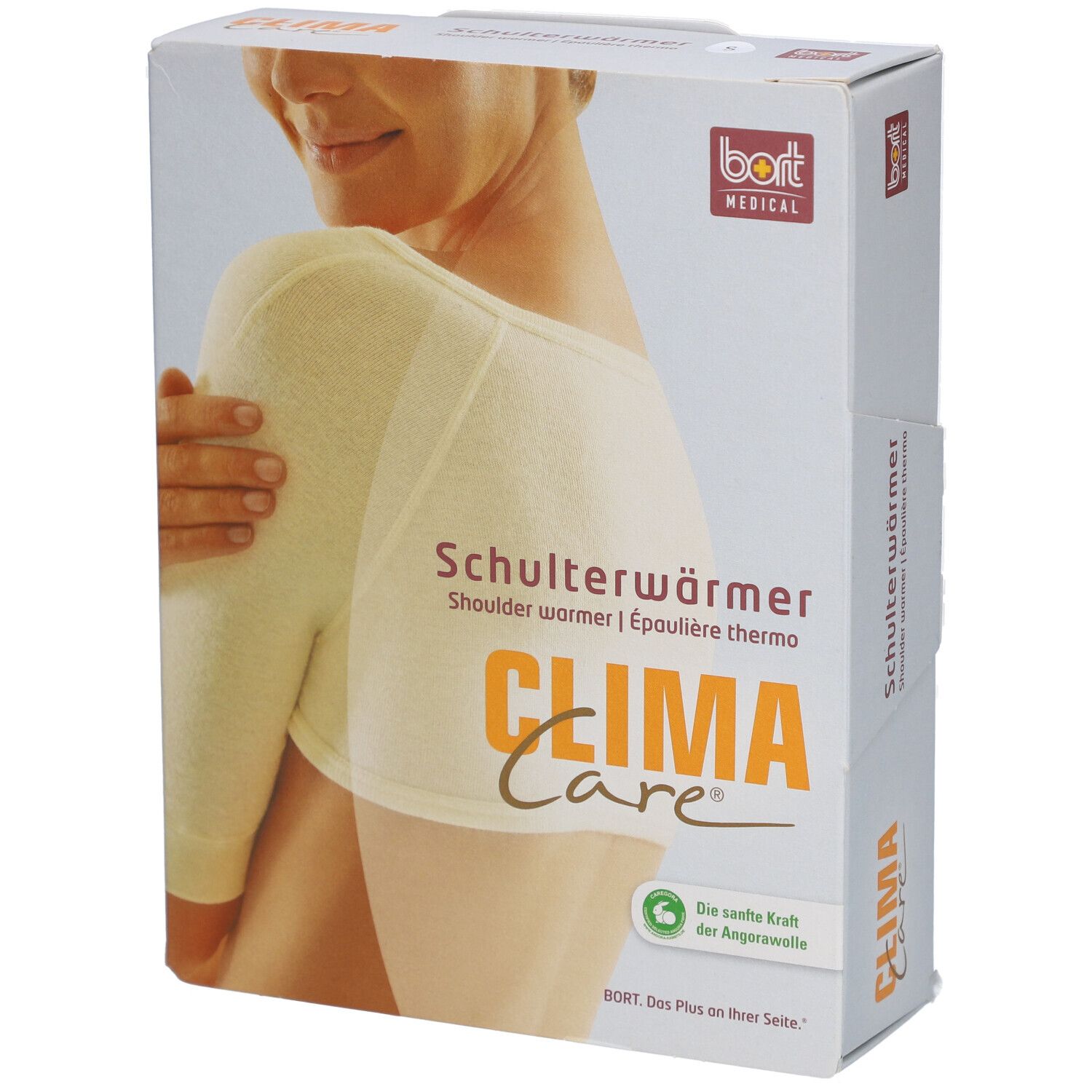 Verpackung. Schulterwärmer, CLIMA Care, bort MEDICAL. Produktabbildung: Schulterwärmer am Körper. Weißes Produkt.