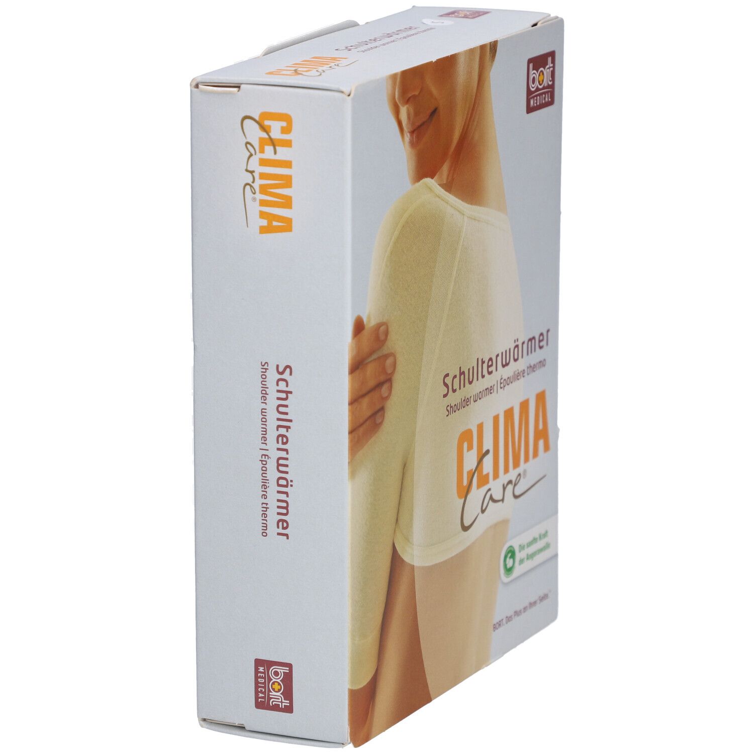 Verpackung. Schulterwärmer, CLIMA Care, bort MEDICAL. Seitenansicht der Verpackung. Weißes Produkt.