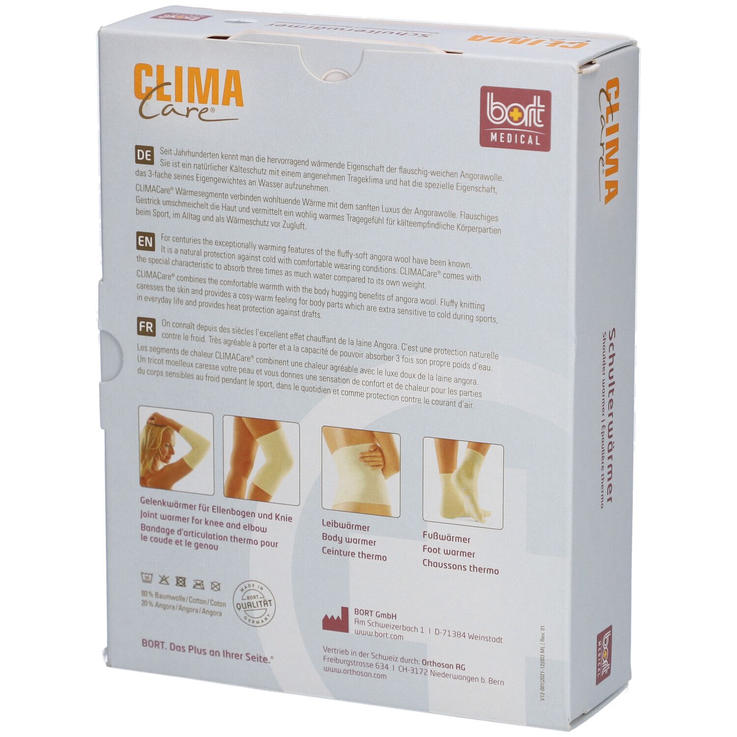 Verpackung. Rückseite mit Produktinformationen. Abbildungen von Knie-, Körper- und Fußwärmern. bort MEDICAL.