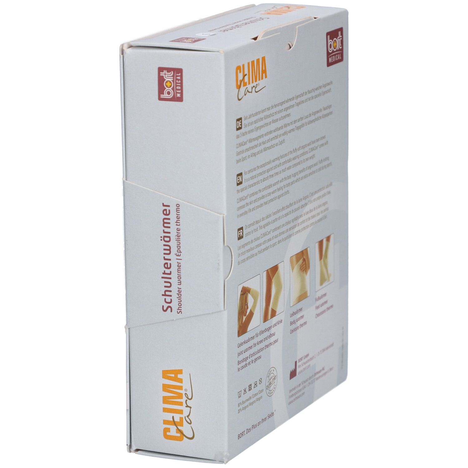 Verpackung. Seitenansicht mit Produktinformationen. Abbildungen von Knie-, Körper- und Fußwärmern. bort MEDICAL.