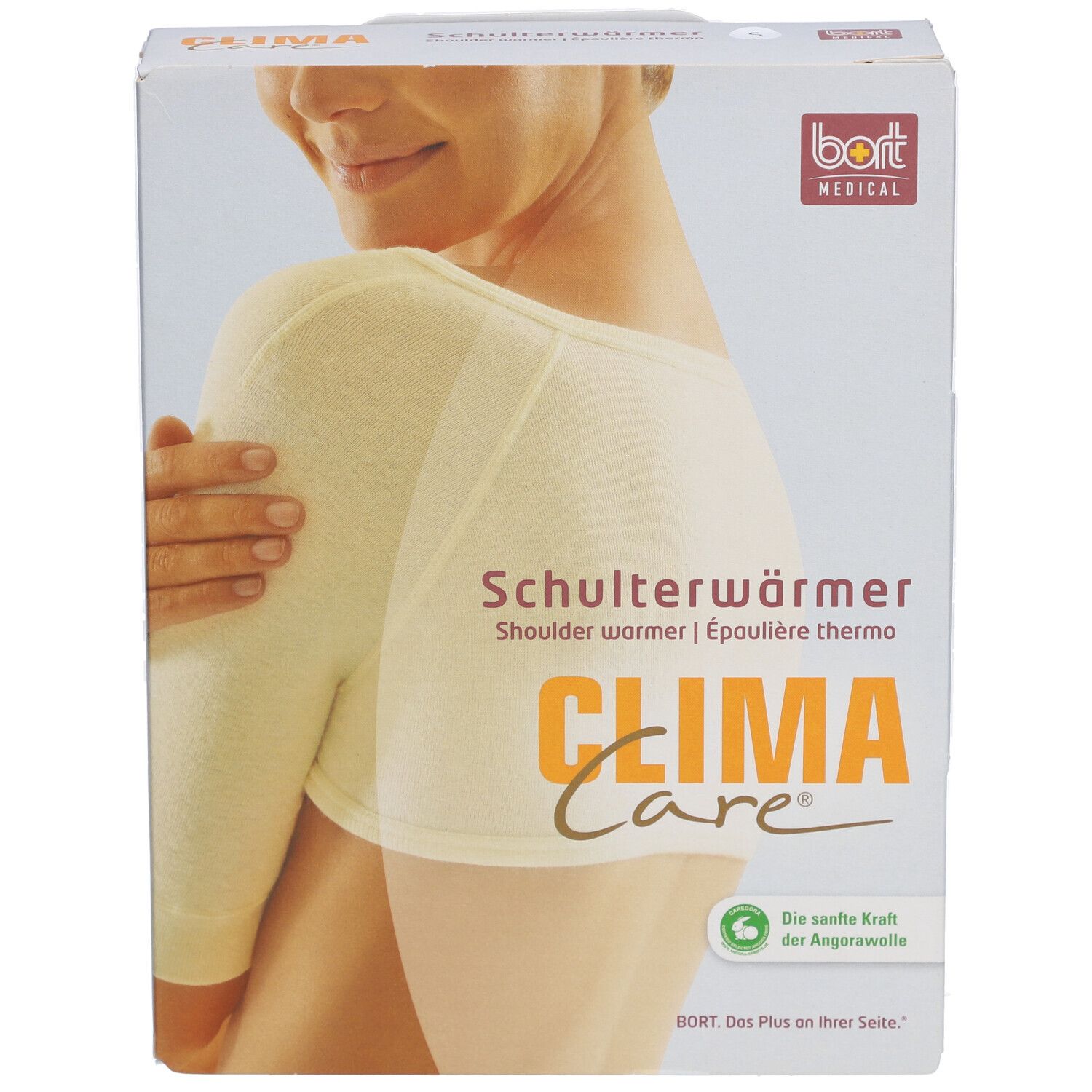 Verpackung. Schulterwärmer, CLIMA Care. Produktabbildung: Schulterwärmer am Körper. Weißes Produkt.