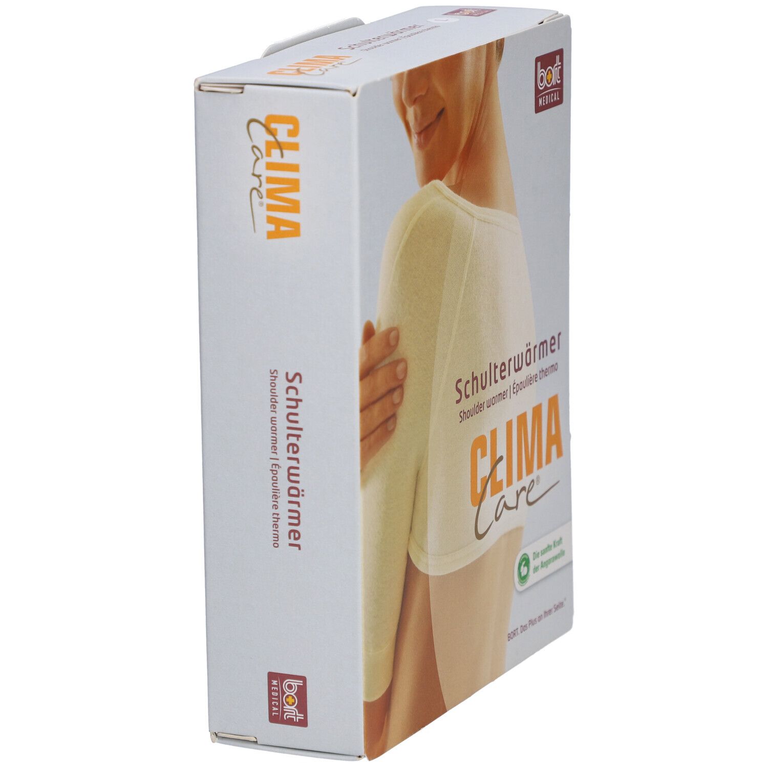 Verpakking met schouderwarmer. Opschrift: CLIMA Care, BORT MEDICAL. Productafbeelding: schouderwarmer, wit.
